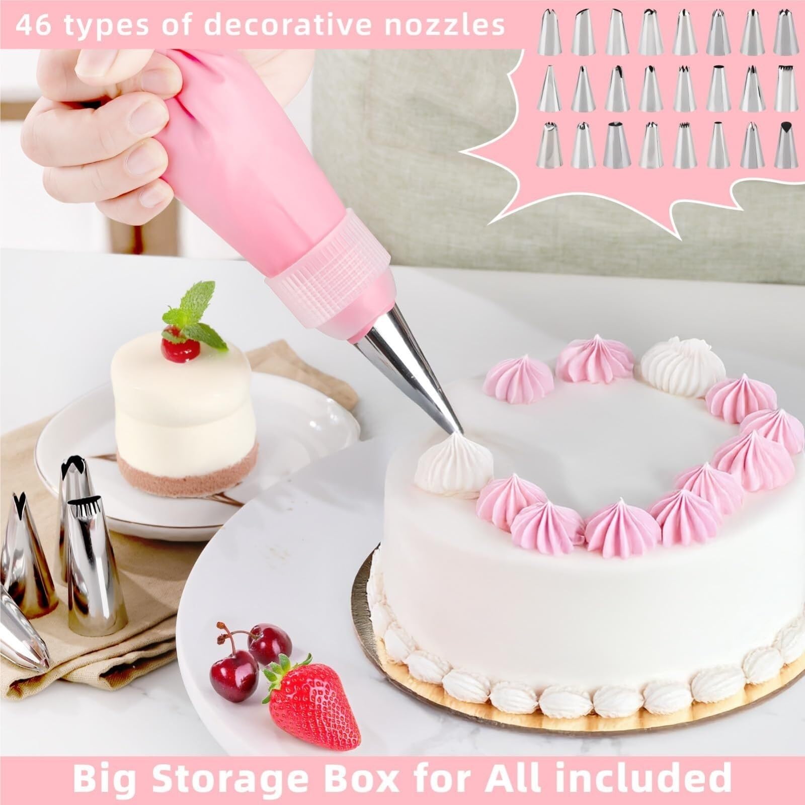 spritztülle Werkzeugset for Kuchendekoration, 138-teilig, Backzubehör inklusive Spritzbeutel und Spitzen-Set, Spritztüllen-Set, Pink tüllen(Pink (138 PCS))