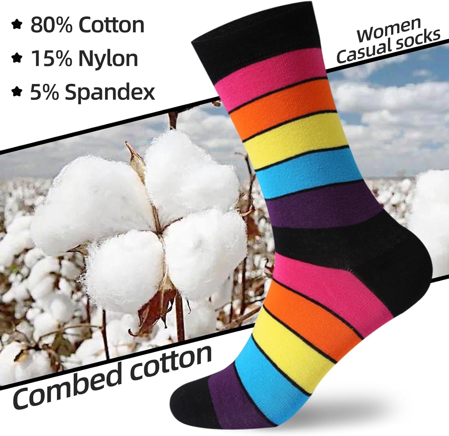 Fashion Crew Cotton Socks for Women Thin Cozy Casual White Black Gray Mixed Colors multiple Patter Dress size 7-9/9-11 - Image 4