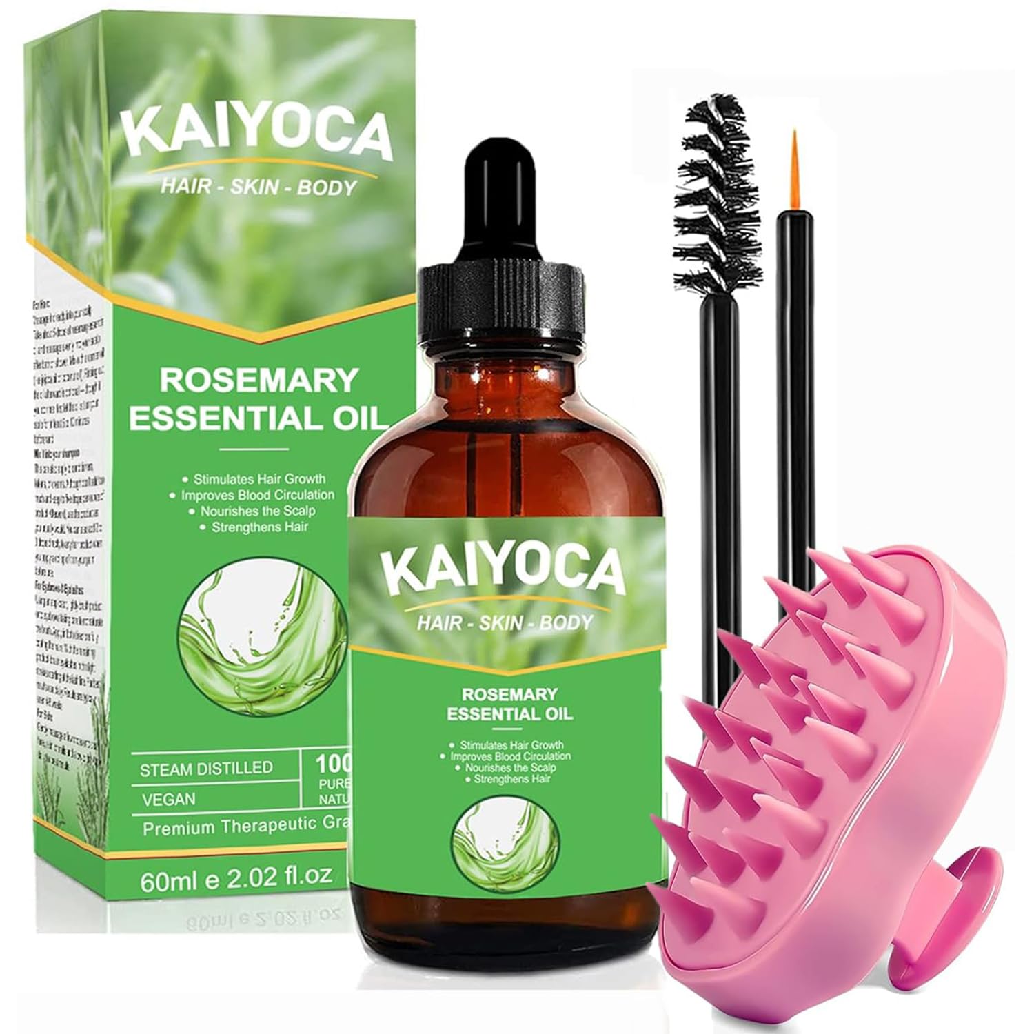 Aceite de Romero para el Crecimiento del Cabello - con Masajeador del Cuero Cabelludo, Orgánico Puro para Cejas y Pestañas, Nutre el Cuero Cabelludo, Estimula el Crecimiento del Cabello, 60ml