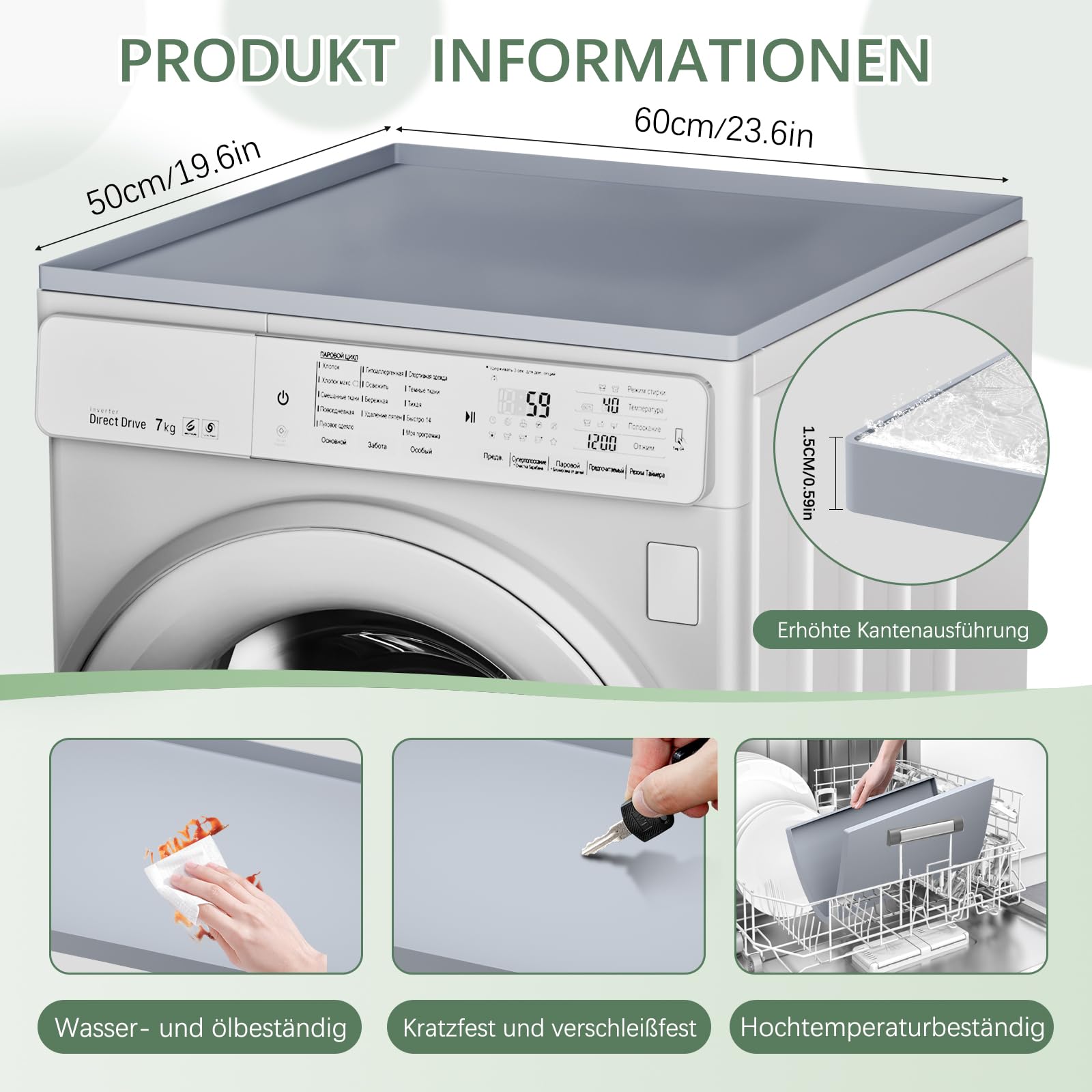 Bovenbeschermer voor Wasmachine en Droger, 60 x 50cm Wasmachine- en Drogerhoezen voor de Bovenkant Stofafdekking Pad Waterdicht Rubberen Mat voor Wasmachine of Droger Wasruimte (Grijs