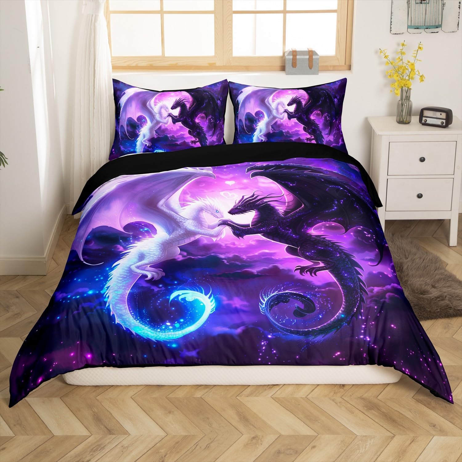Dragon Duvet Cover Set Queen Size,Nebula Star Bedding Set Kids Teens Couple Adults Room Decor,Western Magical Wildlife Comforter Cover 3Pcs,Animal Purple Bedspreads Cover,2 Pillowcases(NO Comforter) - Image 2