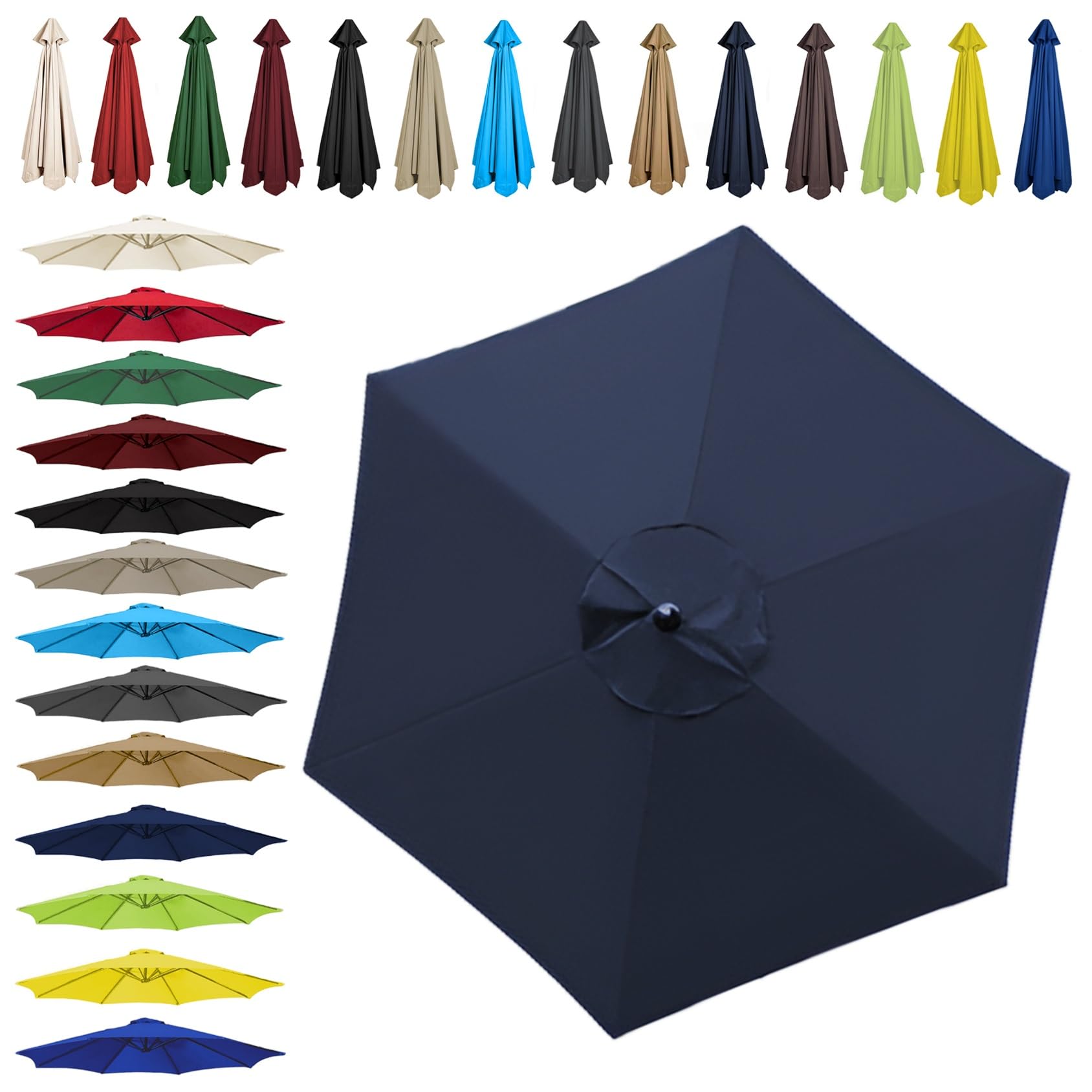 Sun Umbrella Replacement Cloth - 200cm | 2.7m | 300cm (6.5'/8.8'/9.8') - Umbrella Replacement Canopy For 6 Arms/8 Arms, Waterproof UV Protective Polyester Cloth(Color:Navy blue,Size:6 ribs-2m(6.5ft))