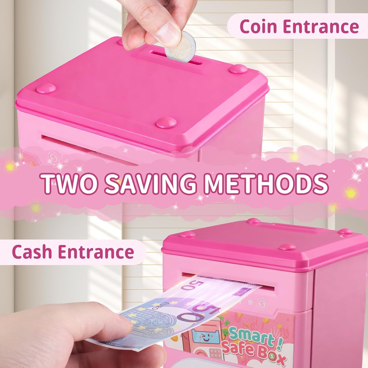 Piggy Bank for Kids, Electronic Mini ATM Bank with Password for Boys Girls, Money Saving Box with Auto Grab Bill Slot, Cash Coin Can Money Safe Toy, Birthday for Age 3-12, Pink