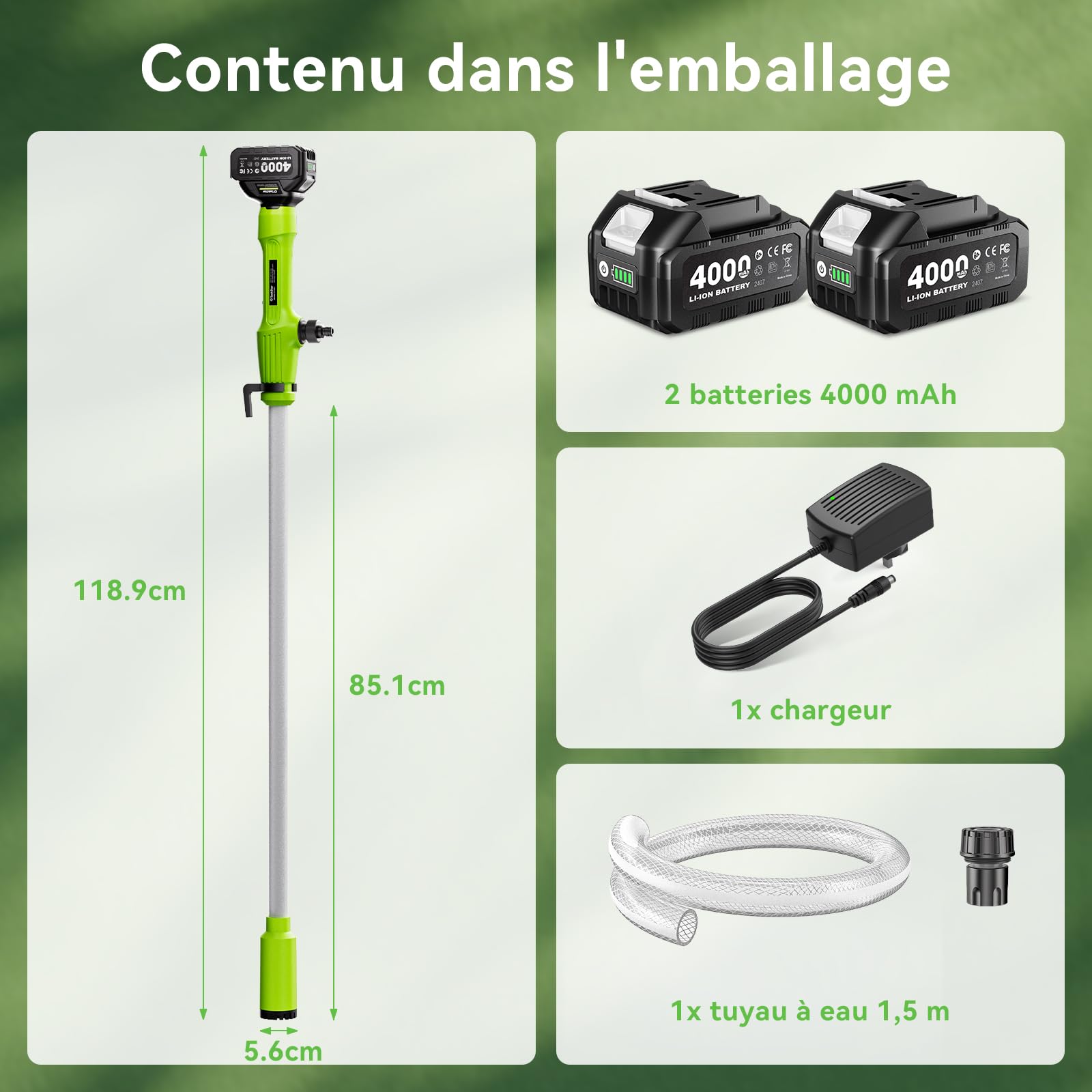 Taskstar Pompe de transfert sans fil pour eau/diesel, filtre Ø5,6 cm, 2725 l/h vidange, autonomie 60 min, hauteur 5 m pour sous‑sol, piscine, étang, fûts pluie, bateau, aquarium, camping‑car