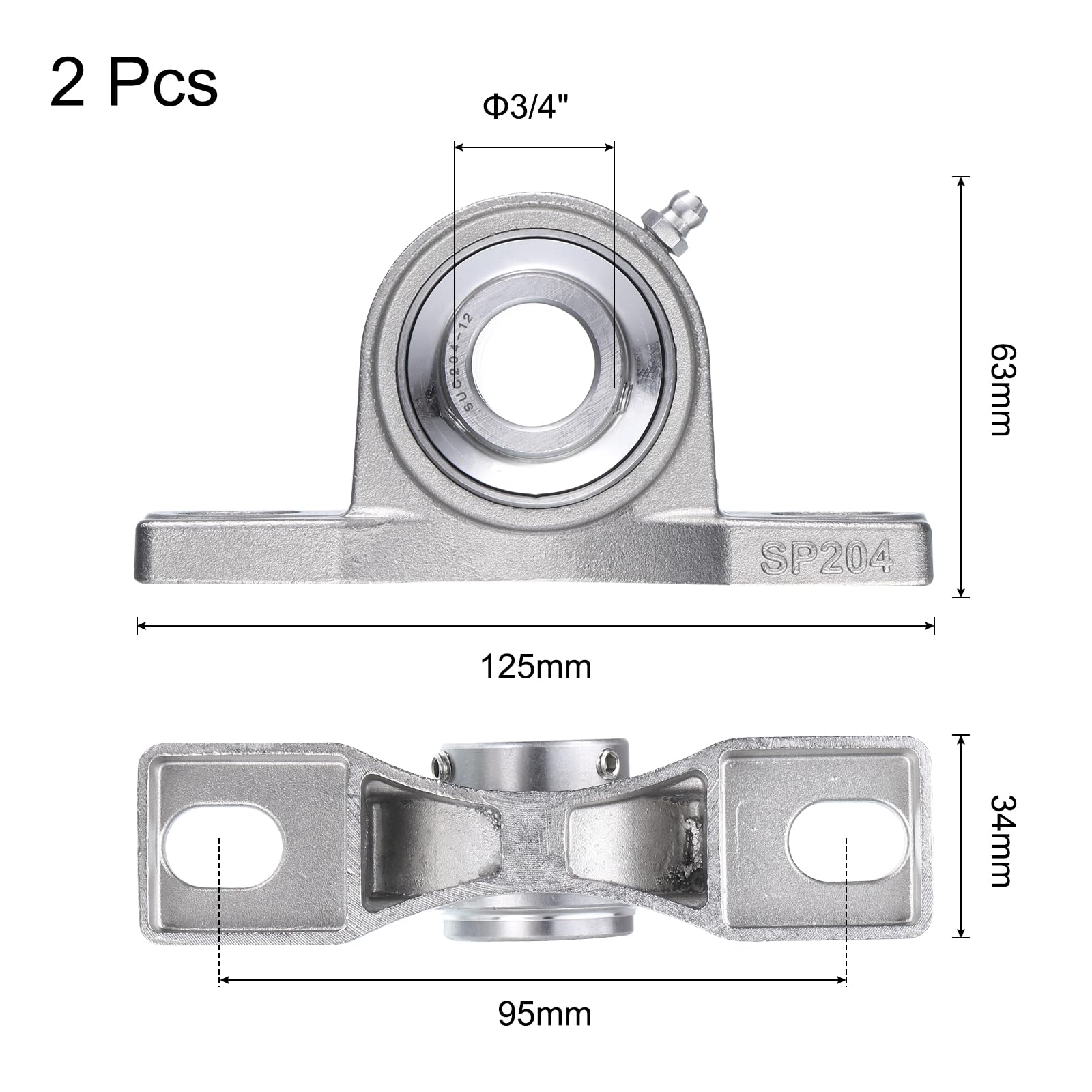 QUARKZMAN 2 Pz Cuscinetti a blocco a Cuscino SUCP204-12 Diametro Foro 3/4 Pollici Auto-Allineanti, Base in Acciaio Inossidabile Montata Cuscinetti in Acciaio al Cromo