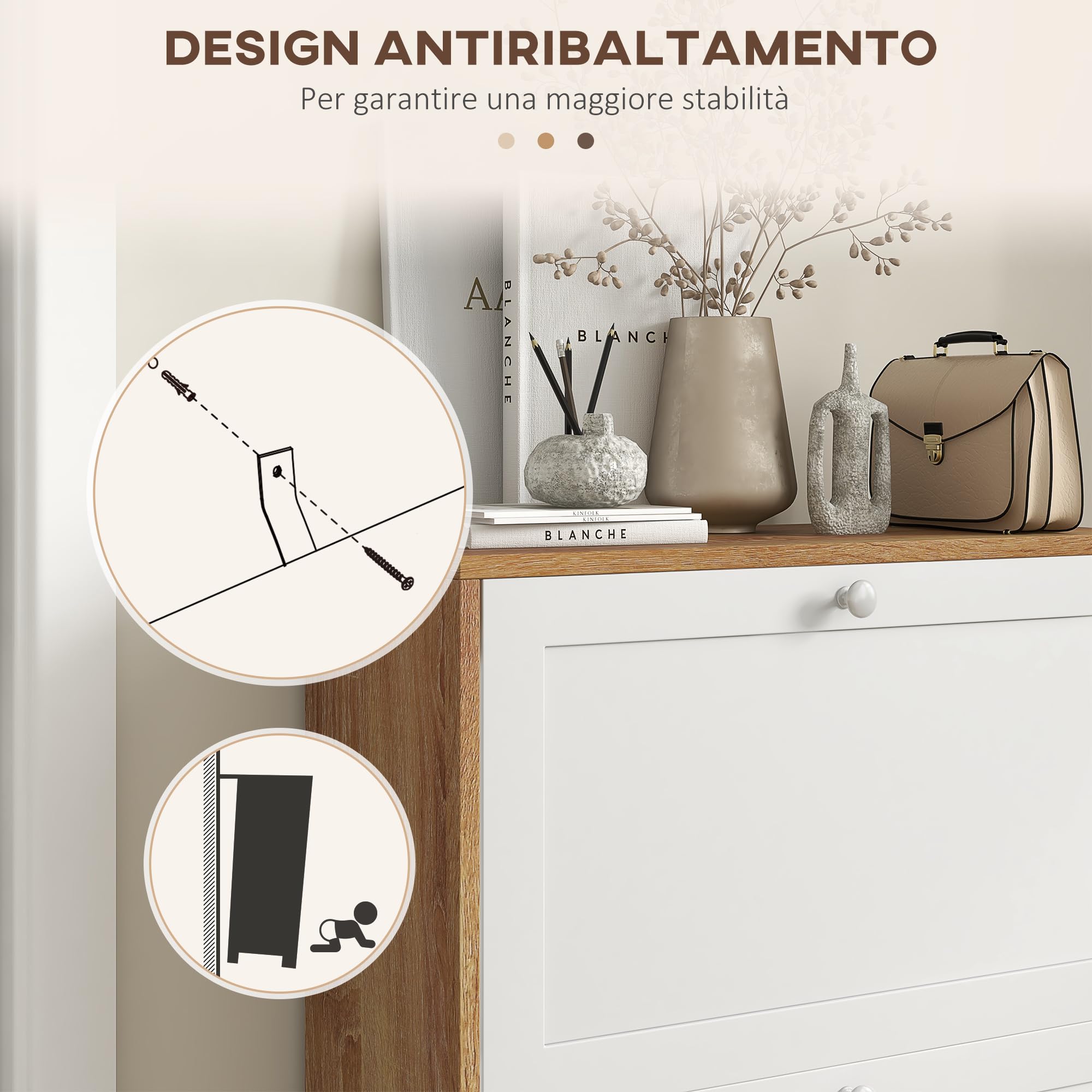HOMCOM Scarpiera Slim con 3 Ripiani Regolabili a 2 Livelli o Rimovibili per 12 Paia, Mobile Scarpiera in Truciolato e MDF Salvaspazio, 60x24.5x75.5 cm, Bianco e Rovere