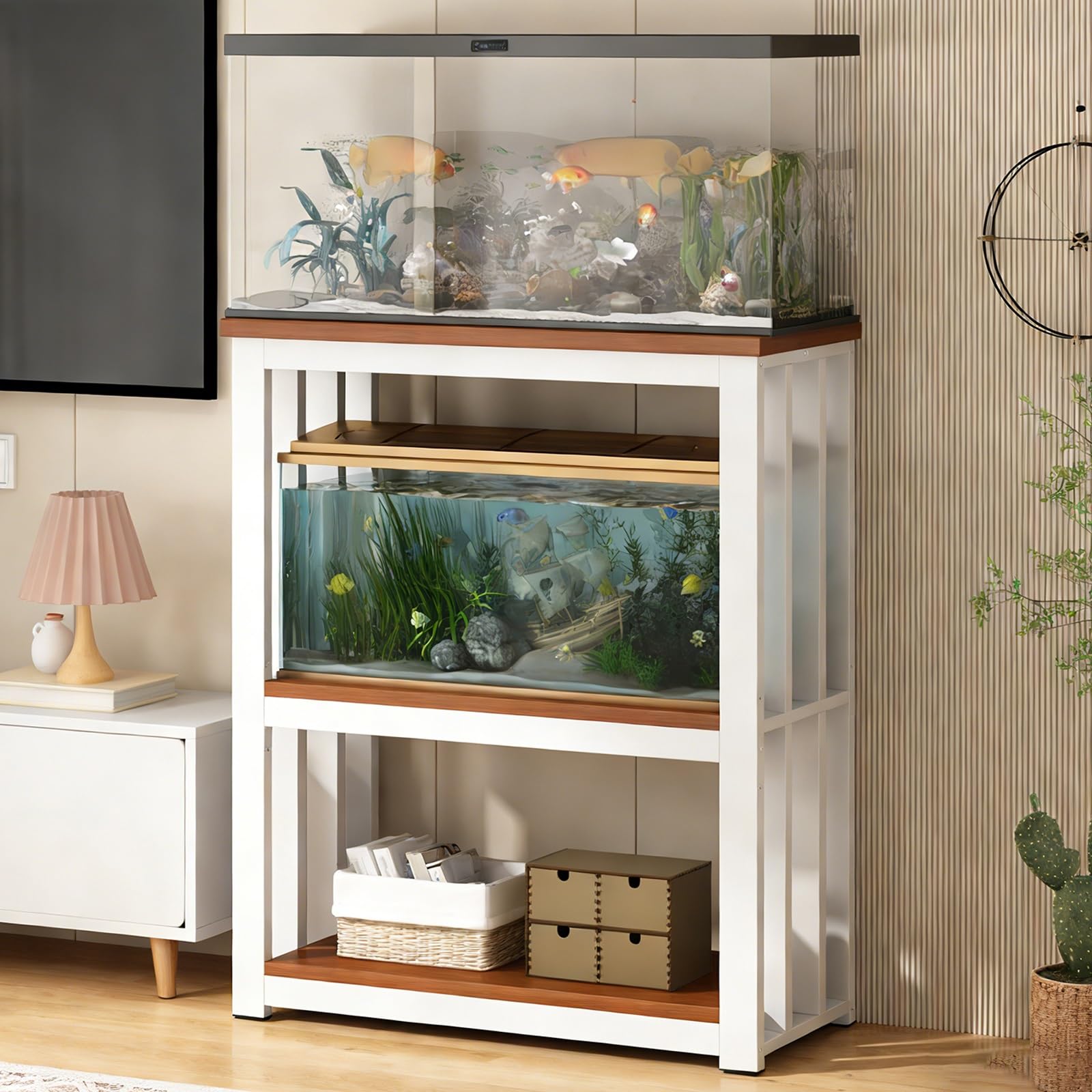 3-poziomowa szafka do akwarium, regulowana wysokość stojaka na akwarium, wielofunkcyjna otwarta półka na terrarium, stalowa konstrukcja, łatwy w montażu (biały+brązowy, 100 x 45 x 100 cm)