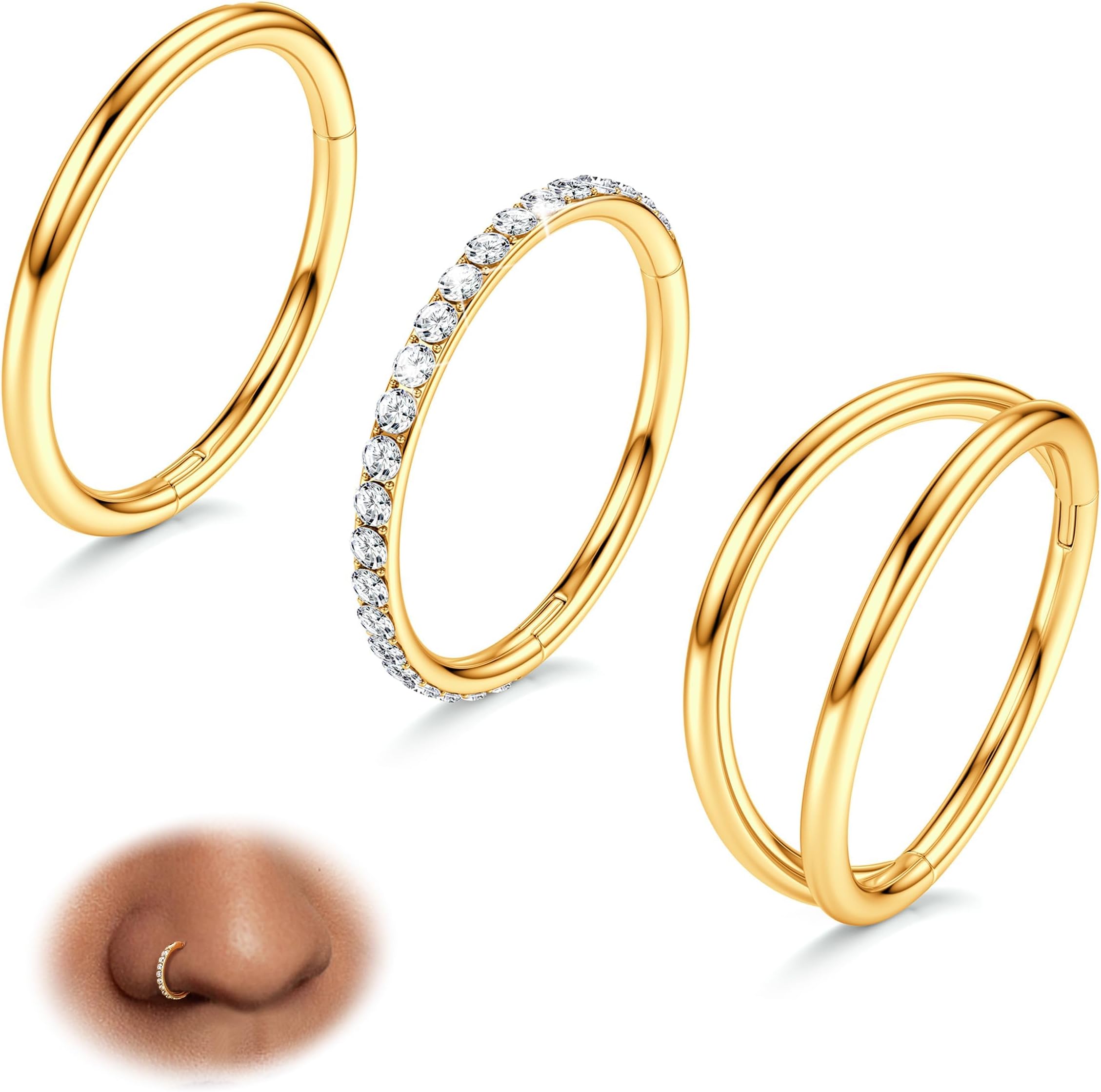 BodyBonita 3pcs Nose Rings Hoops - Double Hoop Nose Ring 14/16/18/20G Hinged CZ Piercing Jewelry Septum Clicker Rings Cartilage Earring Helix Rook Tragus Daith 7mm/8mm/9mm/10mm