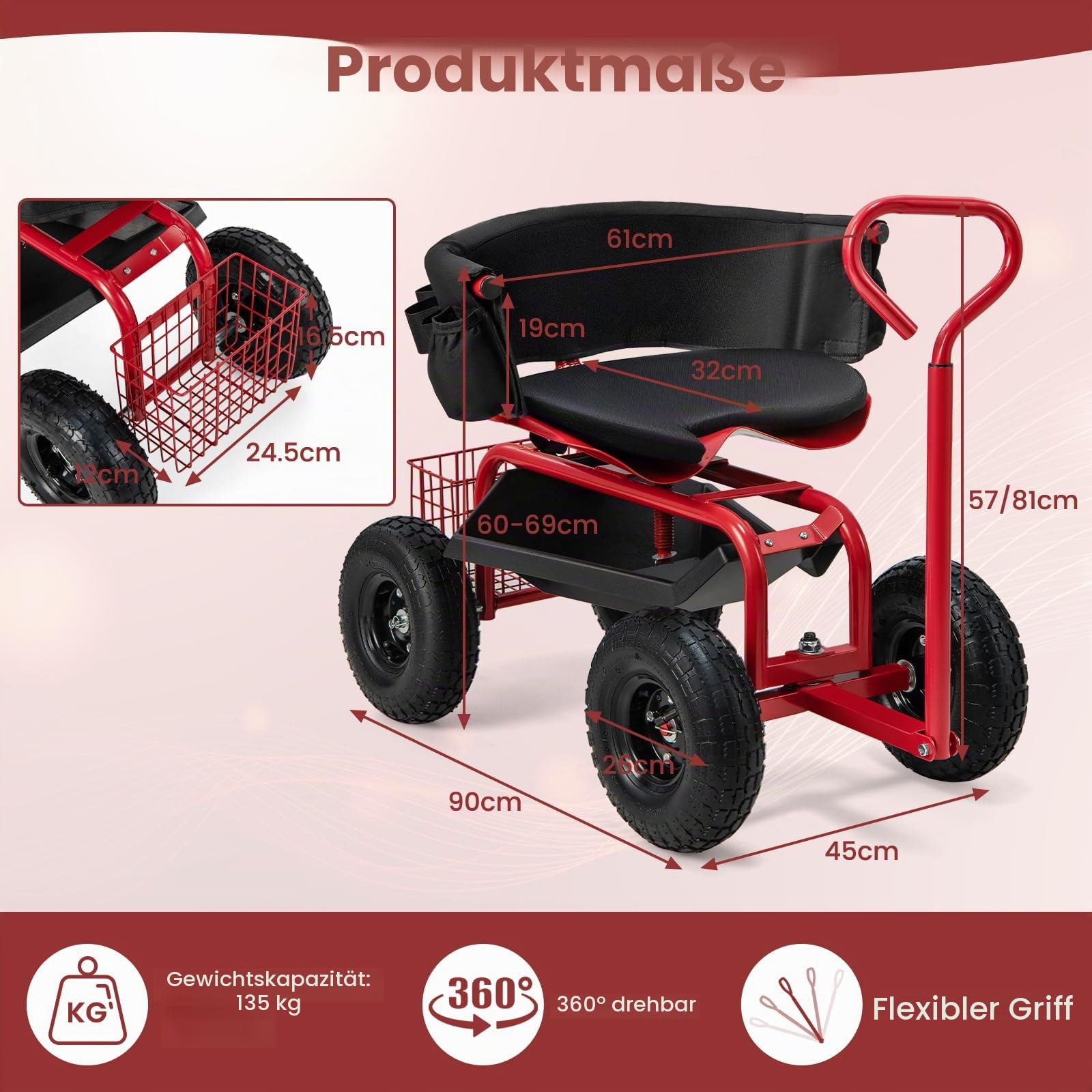 RELAX4LIFE Rollsitz, Fahrbarer Werkstattwagen mit Verstellbarem Drehsitz & Griff, Gartensitz mit Rückenlehne & Abnehmbarem Sitzkissen, Werkzeugwagen mit Ablage & Korb & Tasche (Rot+Schwarz)