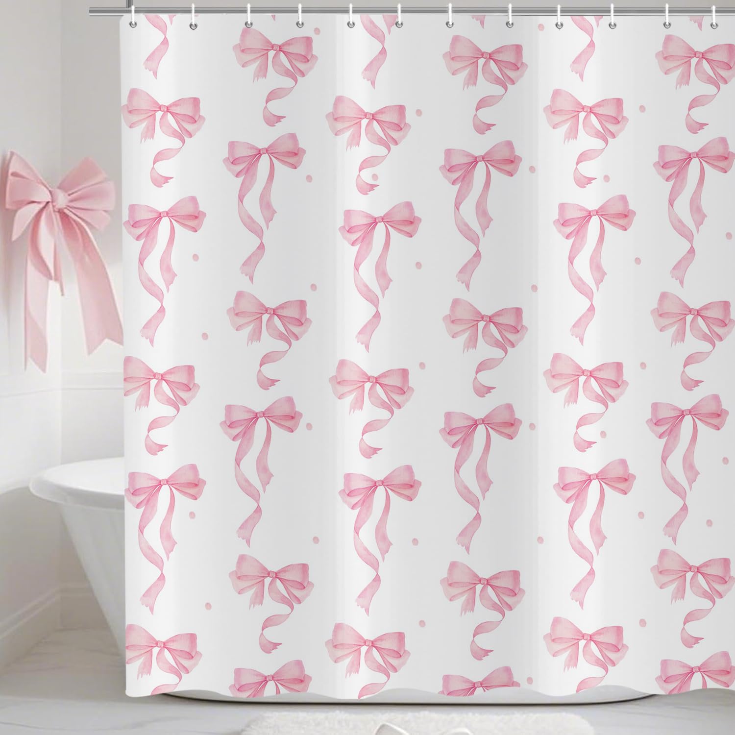 ASDCXZ Pink Bow Shower Curtain 90x180 cm, Cute Pink Aesthetic Bow Girl Lady Bathroom Decoration White Waterproof Bath Curtain Polyester Textile Washable Shower Curtains for Bathtub with 6 Hooks — image 1