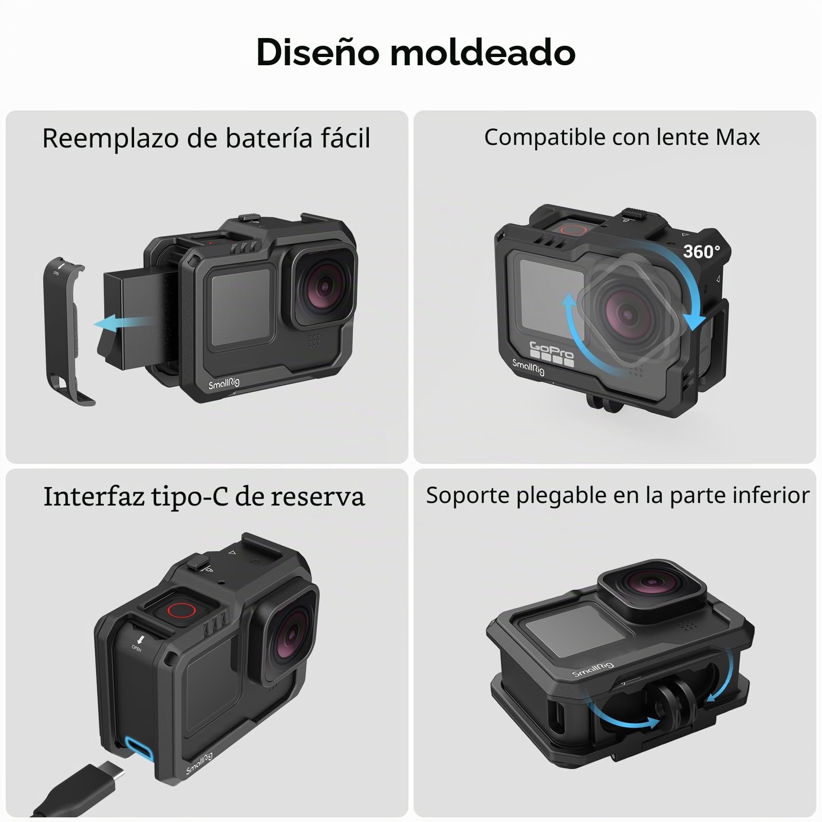 SMALLRIG Hero 13 / Hero 12 / Hero11 / Hero 10 / Hero 9 Jaula Negra para GoPro, con 2 Soportes de Cold Shoe para GoPro Light Mod y micrófono Común, luz de Video LED - 3083C