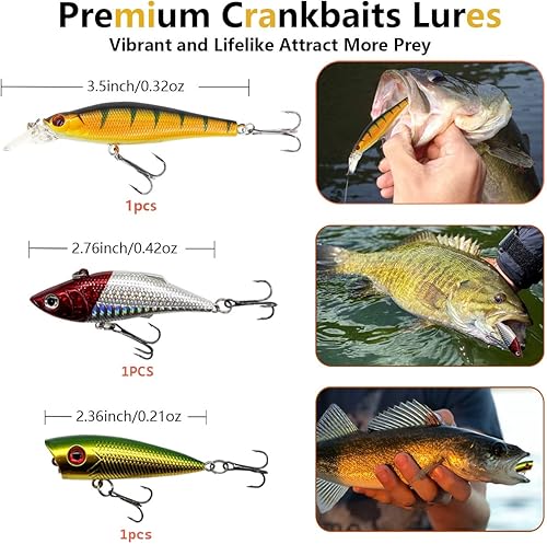 Miniatura 3 de Juego de señuelos de pesca, cebo que incluye crankbaits, señuelos de agua superior, cebo giratorio, gusanos, plantillas, ganchos, caja de aparejos y