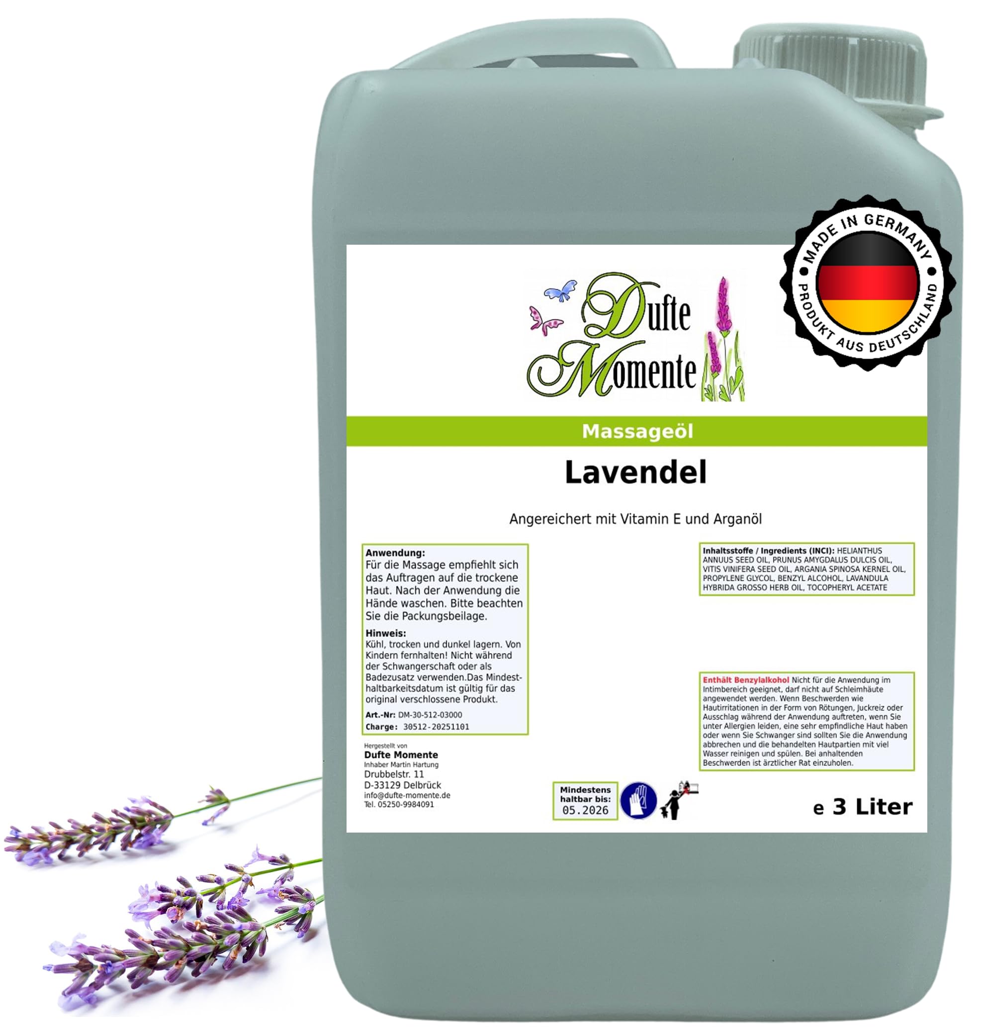 Dufte Momente Massageöl Lavendel – 3 Liter – Paraffinölbasis – professionelles Massageöl mit ätherischem Lavendelöl – lange Gleitfähigkeit – für Wellness, Spa & Praxis – Made in Germany