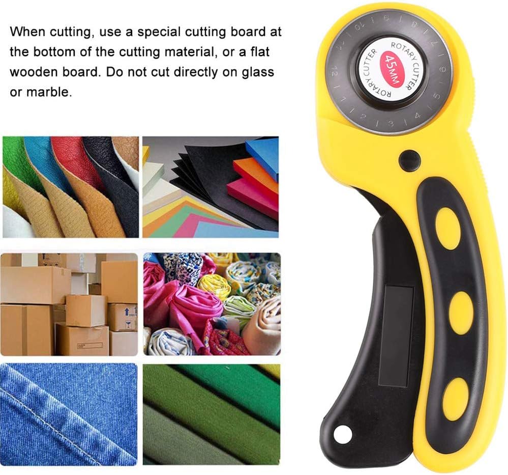 Rotary Cutter with 5 Pcs 45mm Rotary Spare Blade Refill Set - Alloy Steel Blade, Ergonomic Comfortable Grip, Sewing Cutting Tool, for Cutting Fabric Paper Cloth Leather Mat Craft Supplies (Yellow)