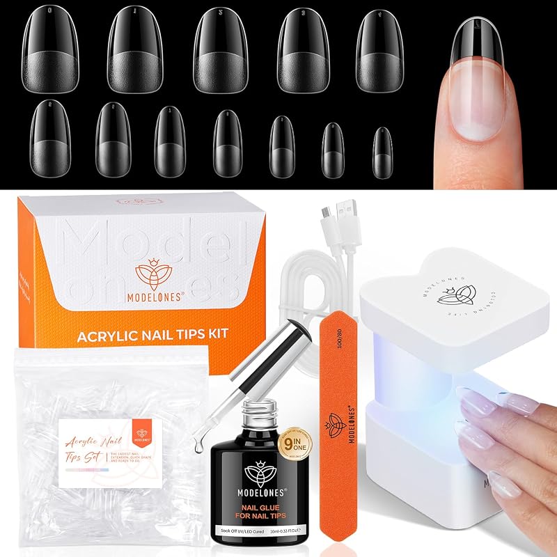 modelones X Nail Gel Kit Medium Oval, 9-in-One Nail Glue Mini UV Light | 216Pcs 12Sizes Pre-Etched Round Press ons Fake Acrylic Extension Kit DIY Salon Gift
