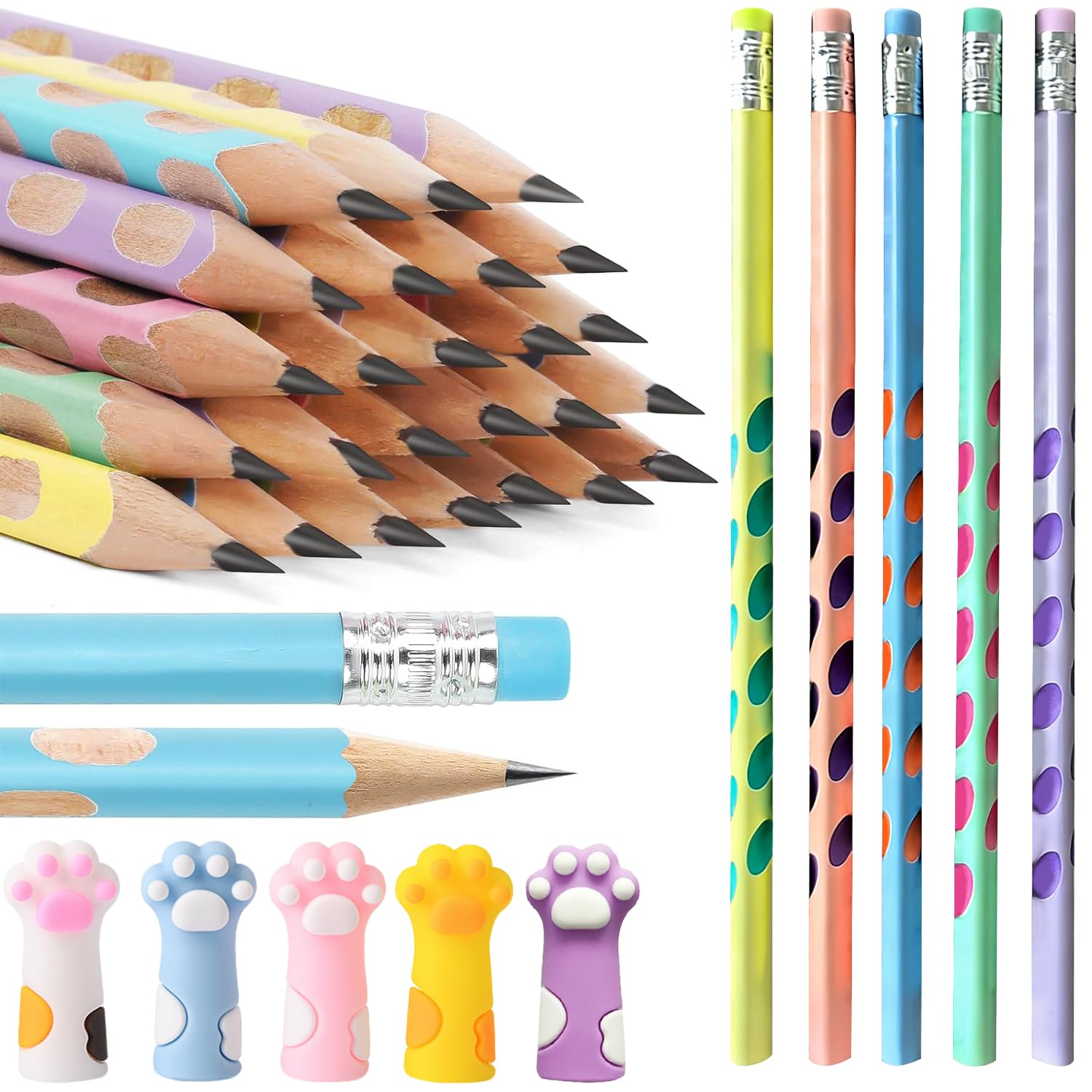 Cat Pencils Set, 30 Cat Pencils for Kids, 30 Silicone Pencil Caps with Cat Design, Stationery Set with Cute Cat Paws, for Birthdays, Christmas Parties, Classrooms, School, B