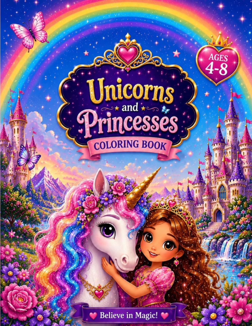 Magical Kingdom of Unicorns and Princesses: Coloring Book for Girls Ages 4-8: Magical Illustrations with Enchanting Unicorns, Beautiful Princesses, and Fairy Castles