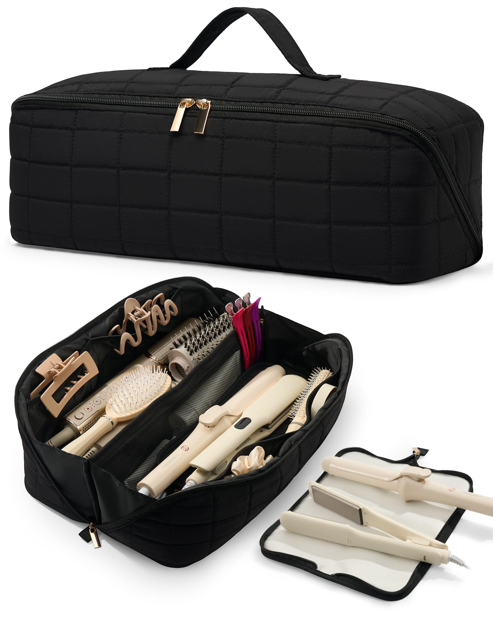 Hot Tools Travel Case with Heat Resistant Mat Pouch, Large Hair Tool Organizer Bag for Curling Iron Flat Iron Hair Dryer Hot Air Brush, Water Resistant Makeup Bag Gift for Women, Black