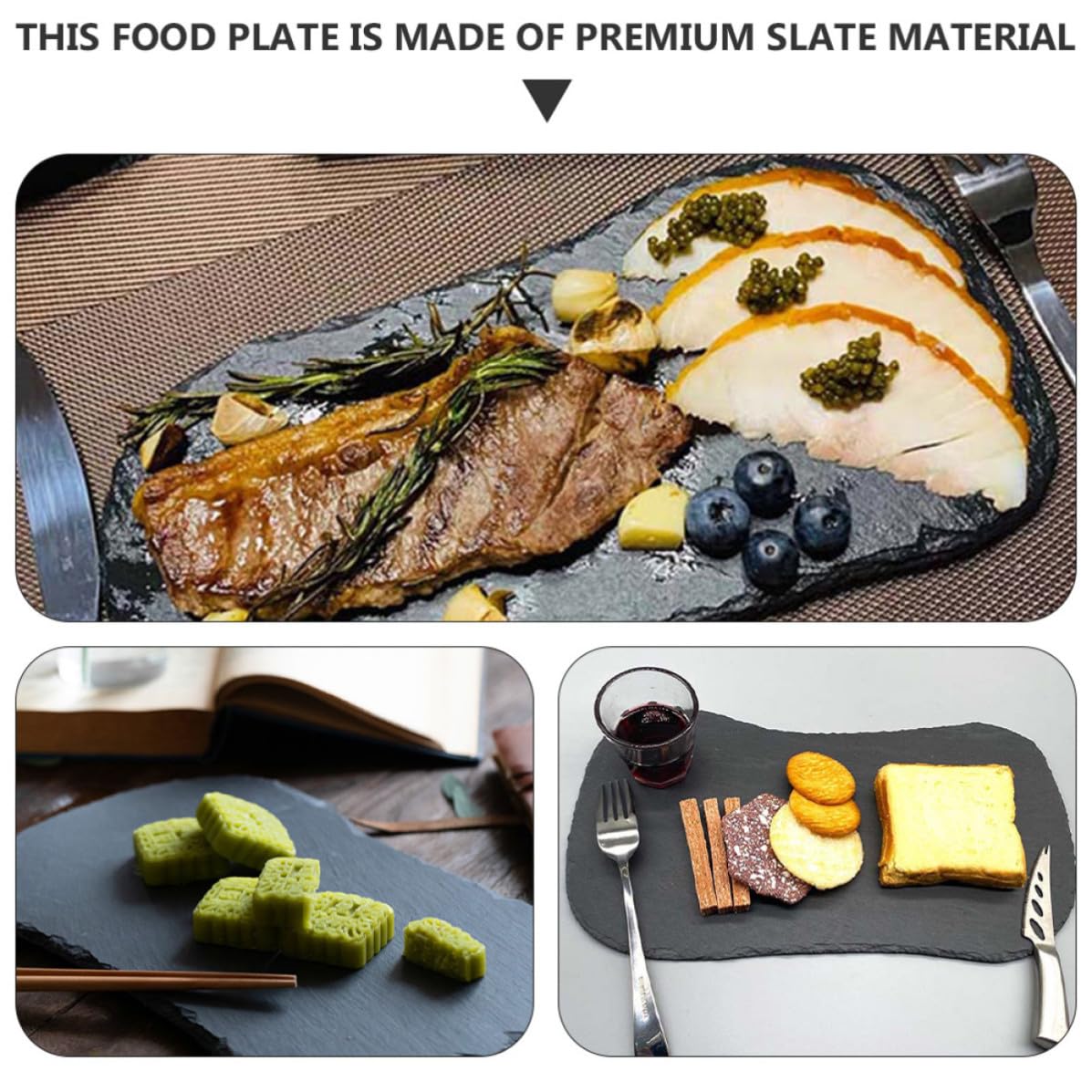SOLUSTRE Platos de Comida Multiusos de Pizarra Negra Forma de Riñón, Bandeja para Frutas y Aperitivos Adecuado para Servir Invitados y Charcutería