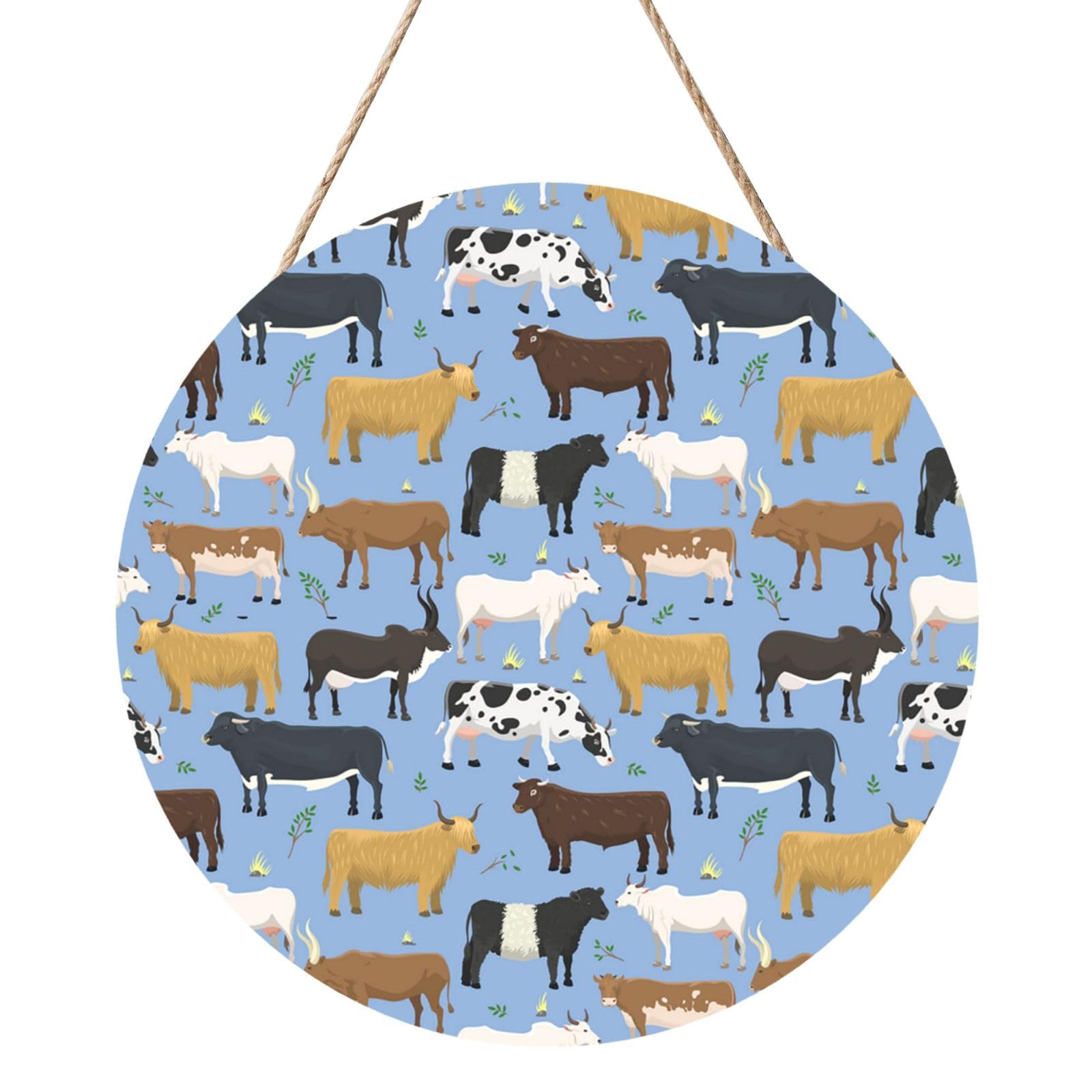 InOmak Set Of Bulls And Cows Farm Animal Cattle Mammal, Round Wood Panel Painting 12 in, Wall Hanging Painting For Home