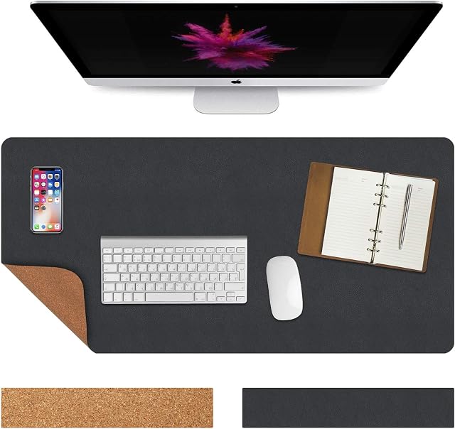 Vicloon Cork Desk Mat, 60cm x 30cm Office Desk Pad PU Leather Desk Blotter Desk Writing Mat Dual-Sided Mouse Pad Protecor Laptop Desk Mat Non-Slip for Office Home(Black)