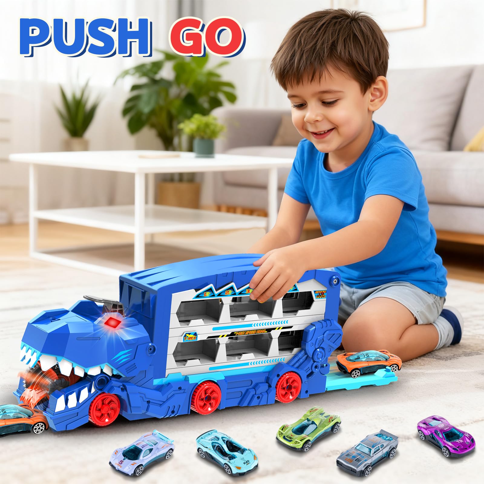 Ultimate Transporter - Juego de juguetes de pista de carreras de dinosaurios para niños, camión portador de 6 pies con 8 coches de juguete de metal fundido a presión, coche de carreras con