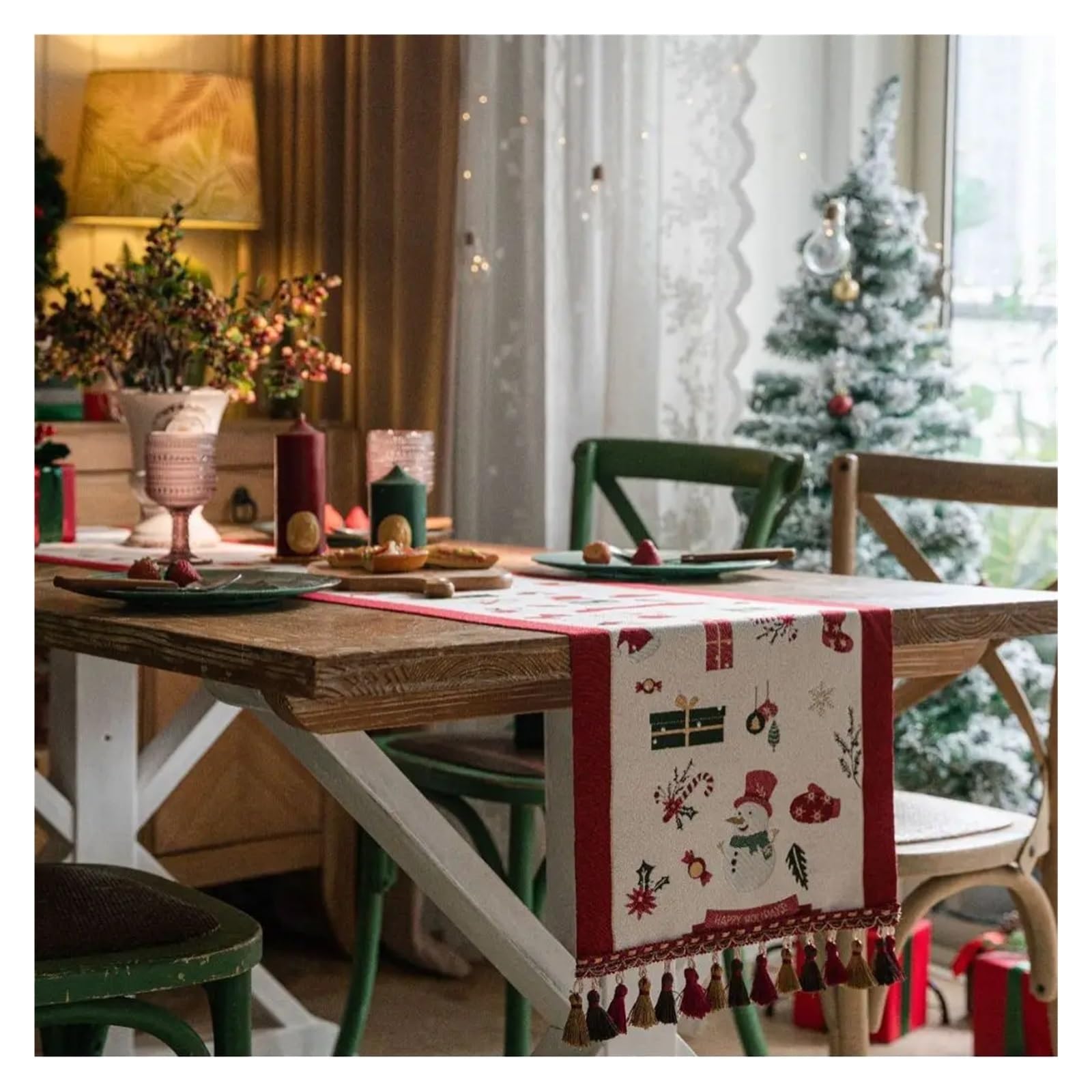 Mantel Navidad Mantel navideño con Estampado de muñecos Nieve, Camino Mesa Alces navideños borlas, decoración navideña for Fiestas en casa(Style D,35x400cm)