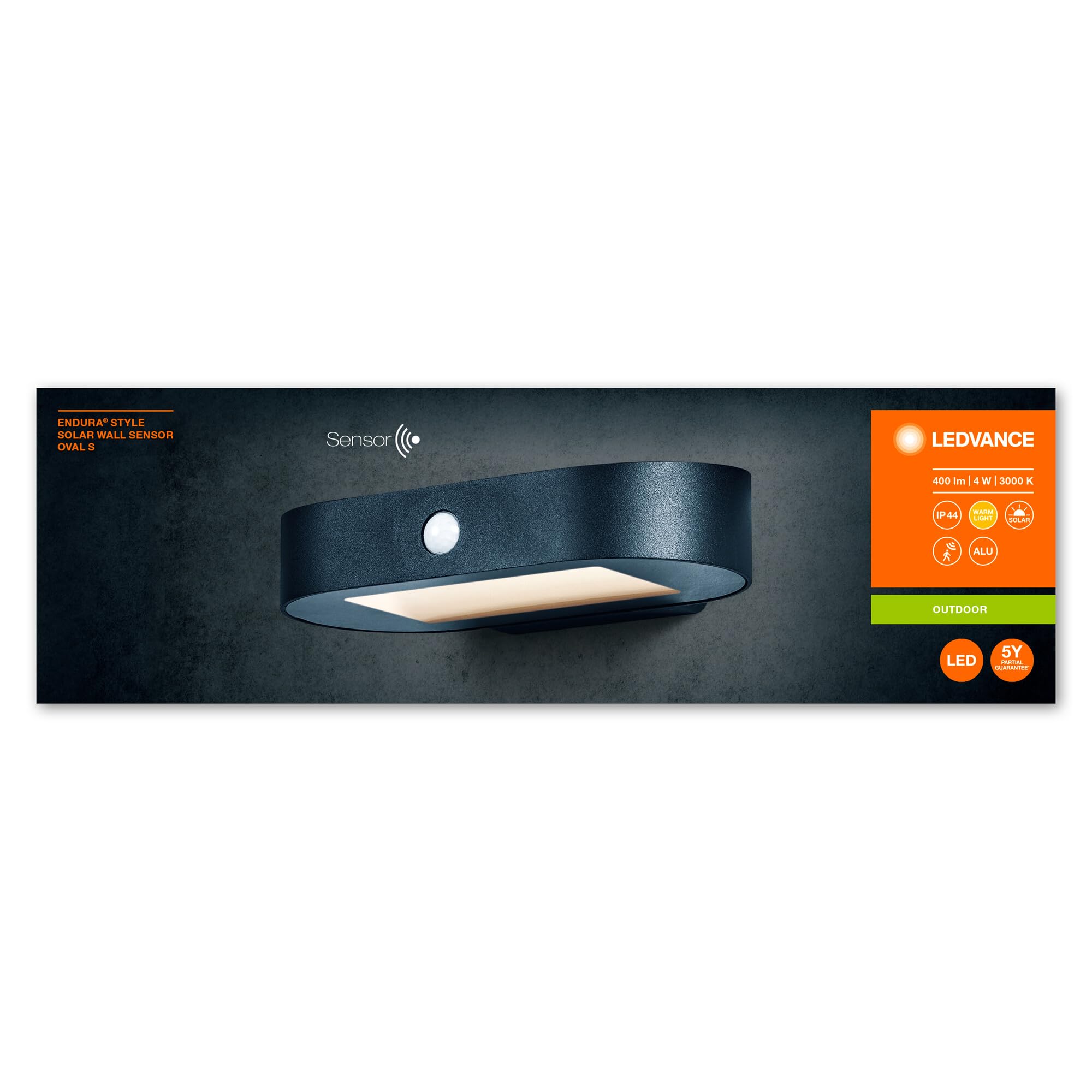 LEDVANCE ENDURA Style Oval S applique solare piccola, luce bianca calda (3000K), sensore integrato, senza alimentazione, lunga durata batteria: 30 accensioni da 60 secondi in modalità PIR, IP44, nero