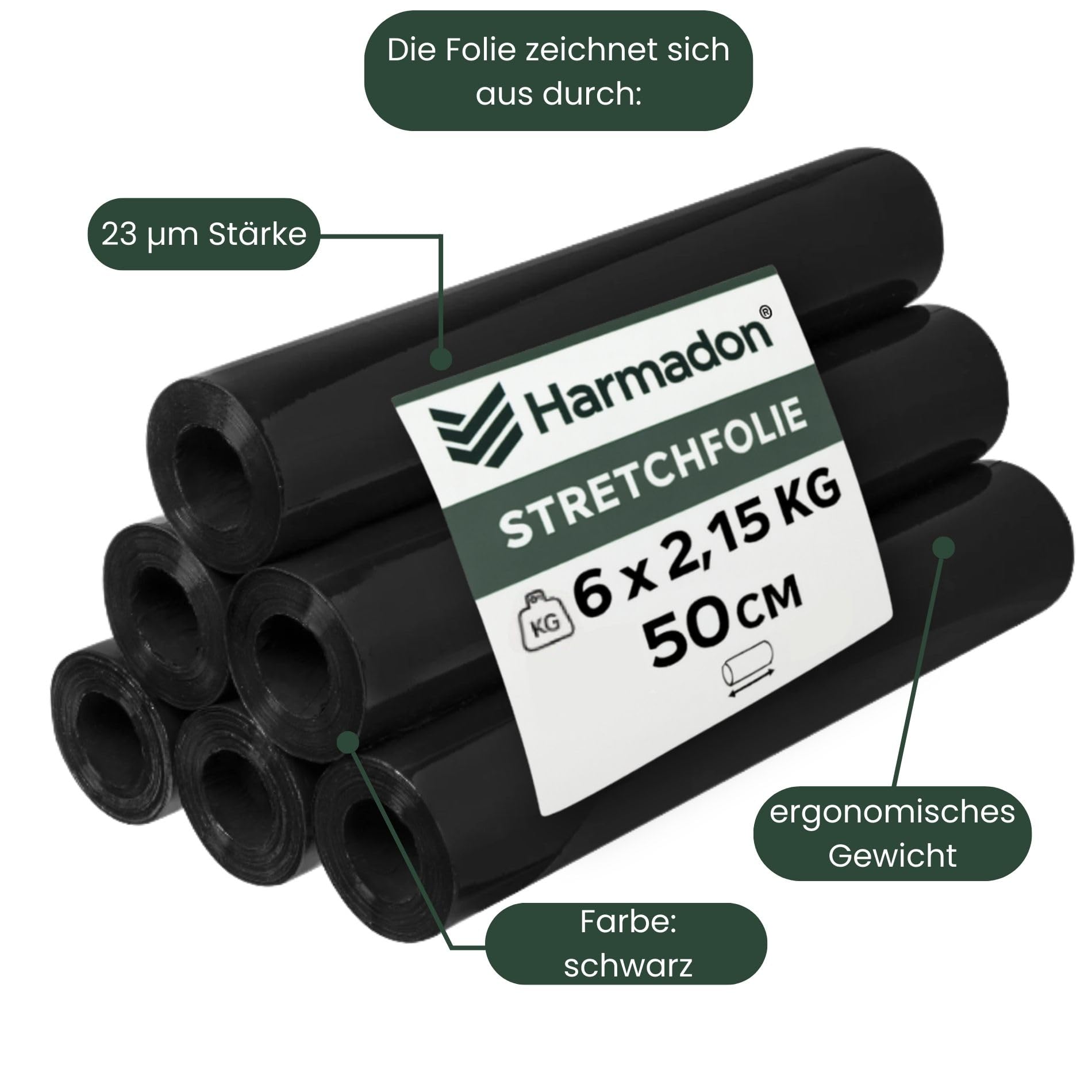 Stretchfolie Schwarz 50 cm mit Abroller - Set mit 6 Stück Verpackungsmaterial und Gleithülse für Stretch - Verpackungsfolie 203m mit Strechfolienrolle Abroller für Lagerarbeiten