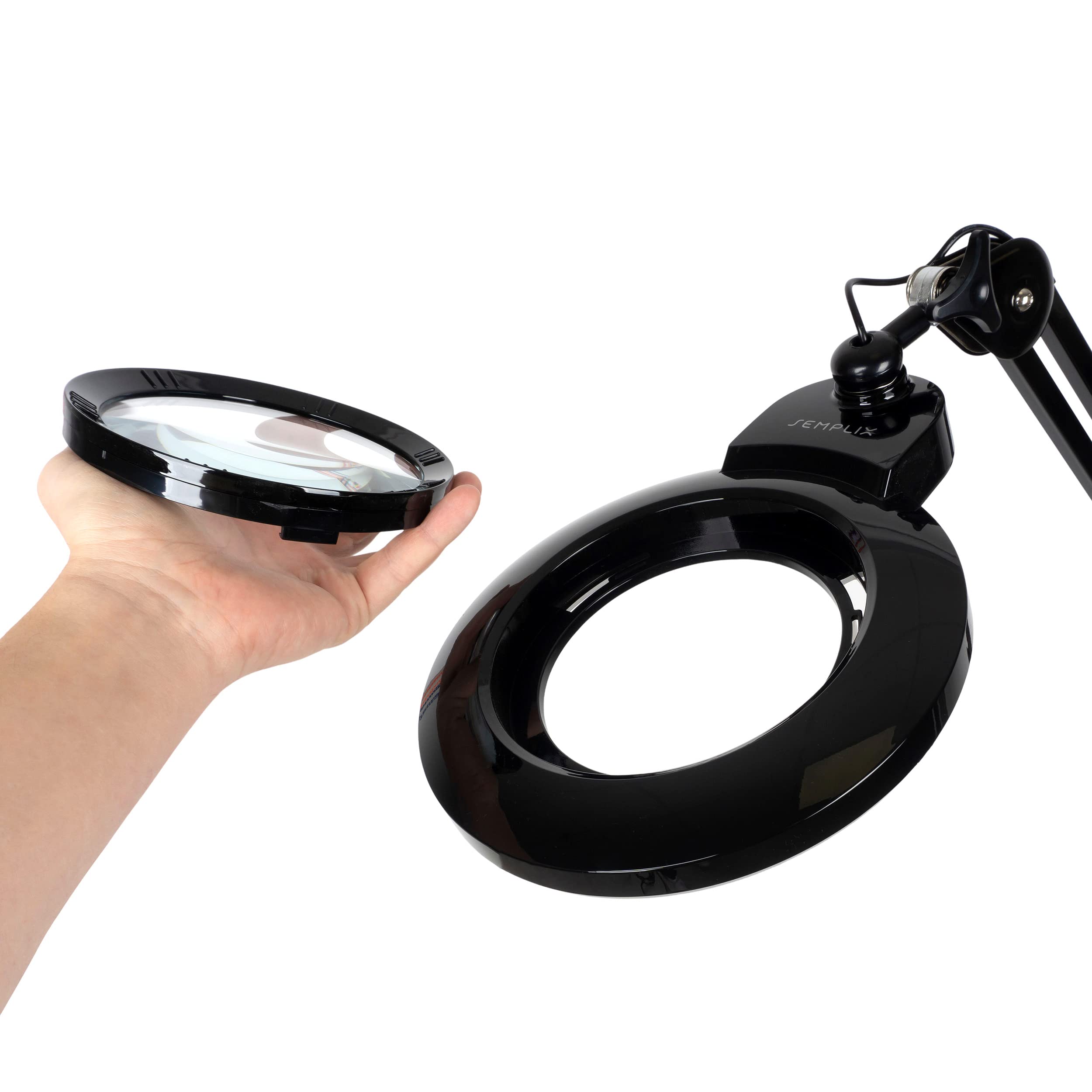 SEMPLIX Lampa stołowa LED z lupą, zacisk stołowy z regulacją wysokości (60 diod LED, soczewka 127 mm, 4-krotne ściemnianie) (czarna)