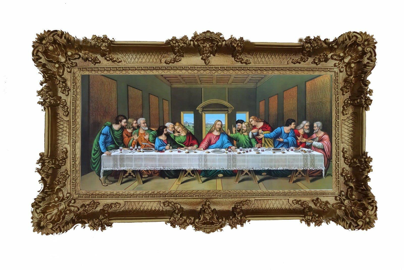 Made In Italy Gold Baroque Painting With Frame Repro Antique Look Jesus 12 Apostle Ultima Cena 96 X 57 Cm (Gold) 75B