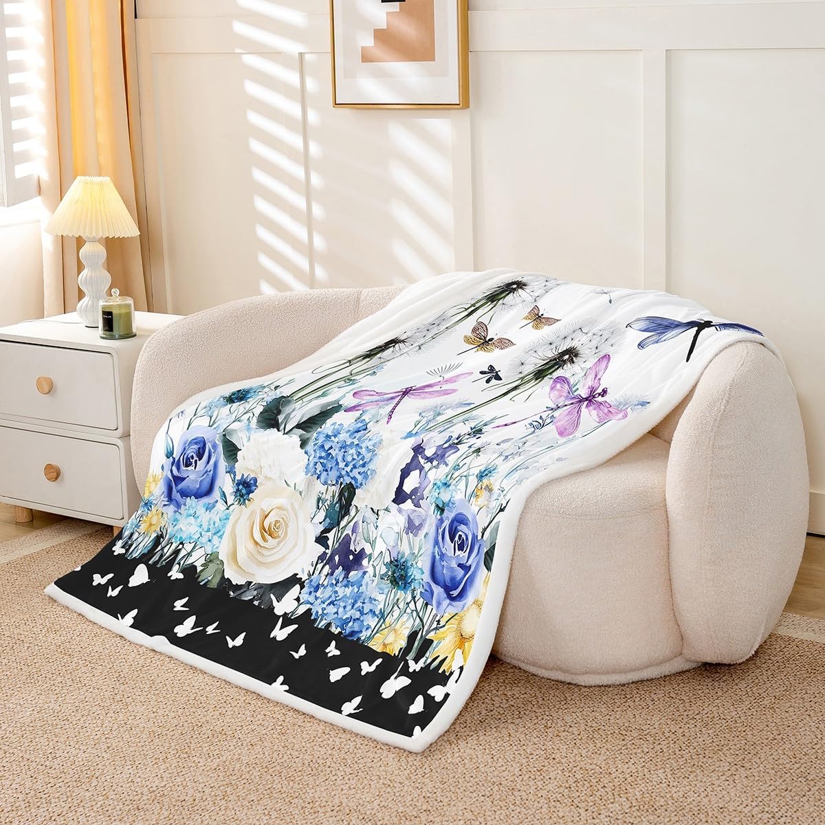 Erosebridal Dragonfly Fleece Blanket, Multicolor Floral Throw Blanket, Twin Size 60"x80", Soft and Warm, Perfect for Reading, Napping, Camping, Travel