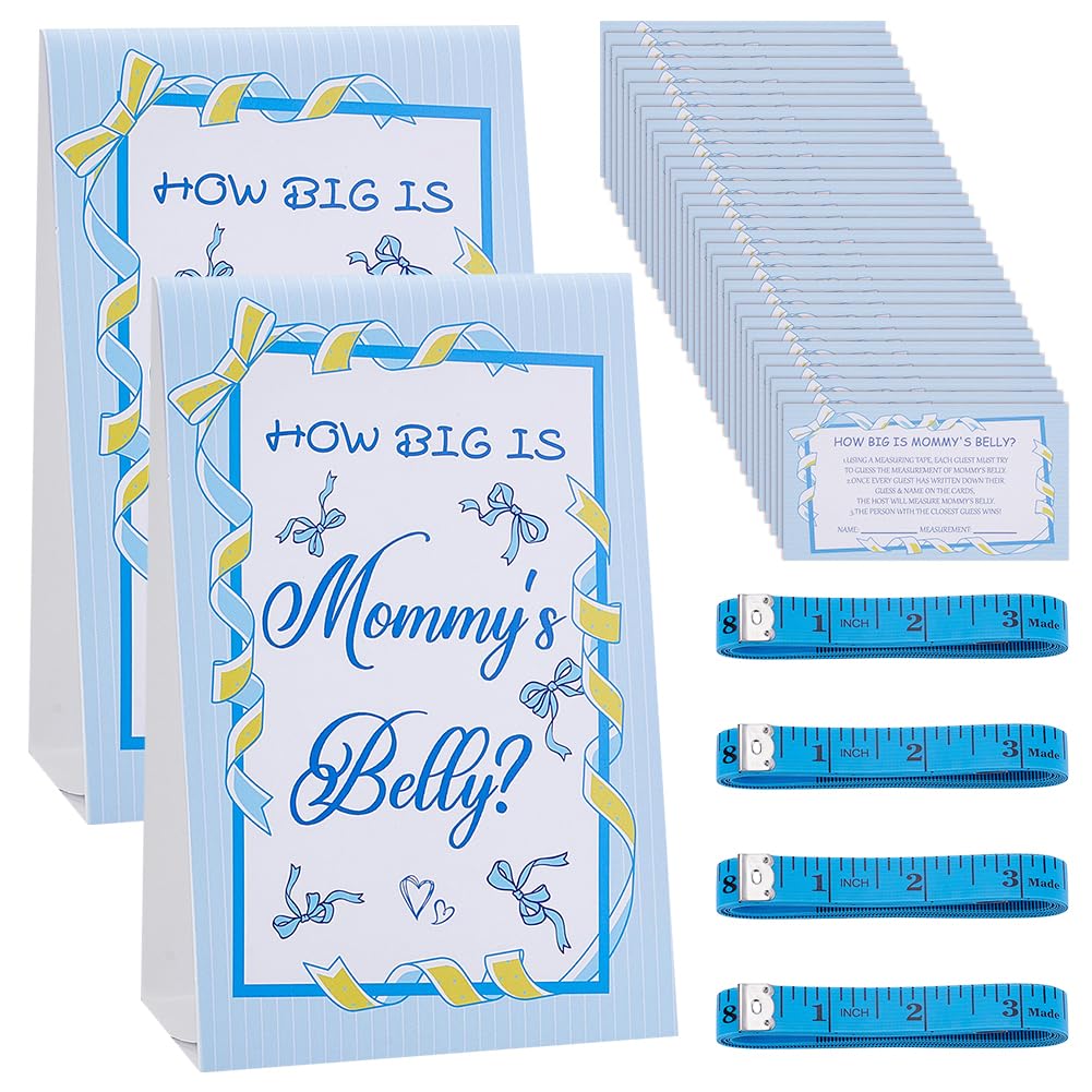 NBEADS 86Pcs Blue Bow Shower Games, Include How Big is Mommy's Belly Sign Measure Bump Game 4Pcs PVC Soft Tape Measure 80 Cards 2Pcs Cardboard for Shower Gender Reveal Party Supplies