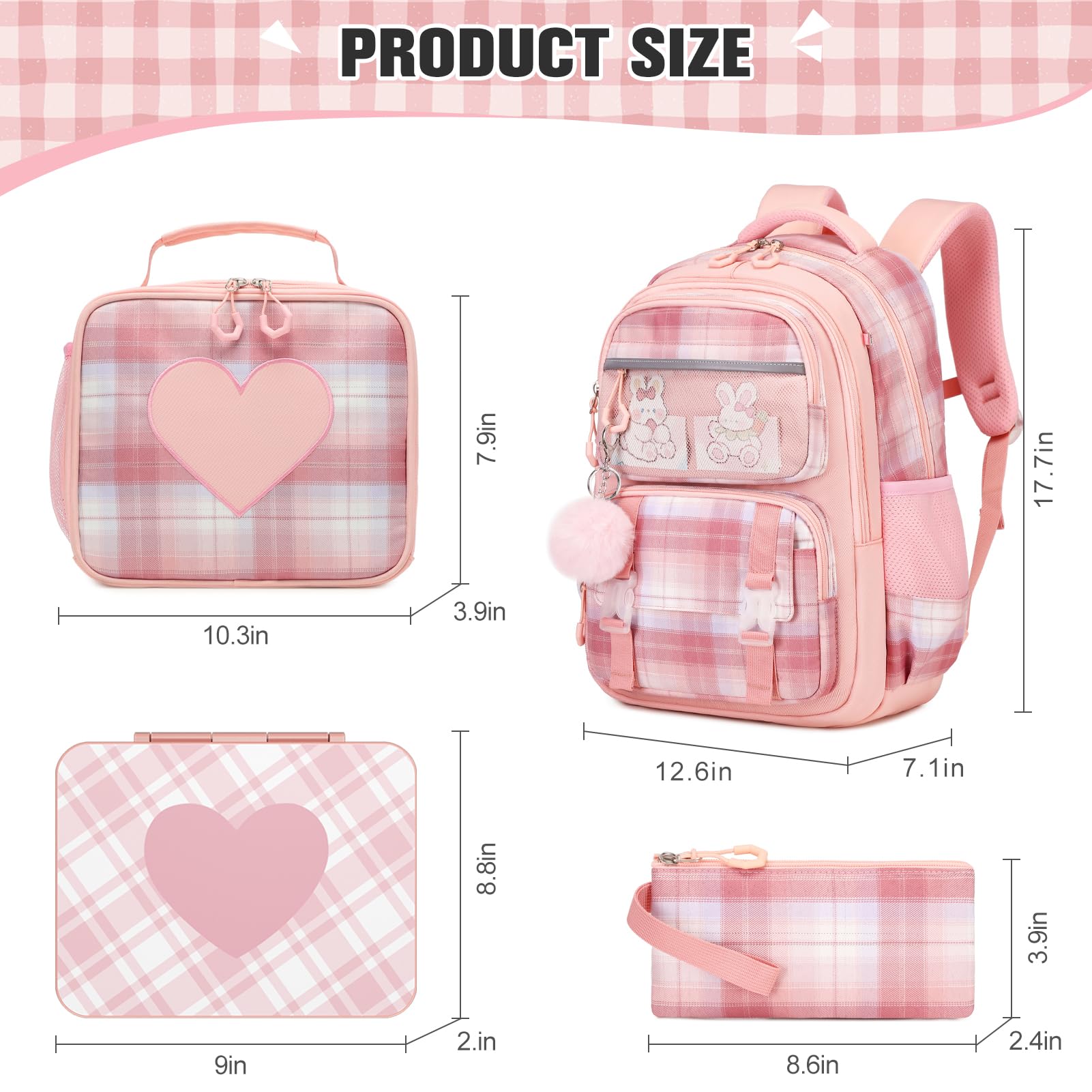 Bevalsa Kids Backpack for Girls with Bento Lunch Box Set, Plaid Purple Bookbag Backpack for Girls Kid, 43oz Lunch Containers Lunchbox, Insulated Lunch Bag & Pencial Case, Back To School Gift