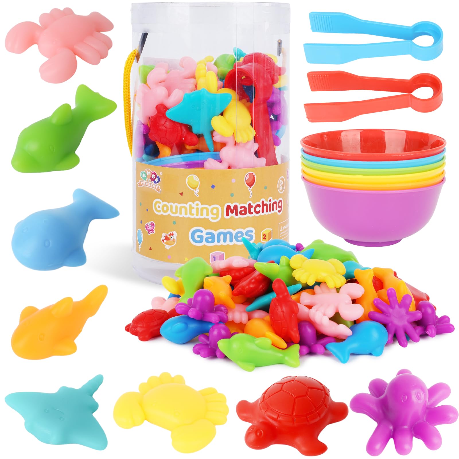 Conteo de animales para niños pequeños, 64 piezas, juego de emparejamiento de animales oceánicos, juguetes educativos Montessori de clasificación de colores