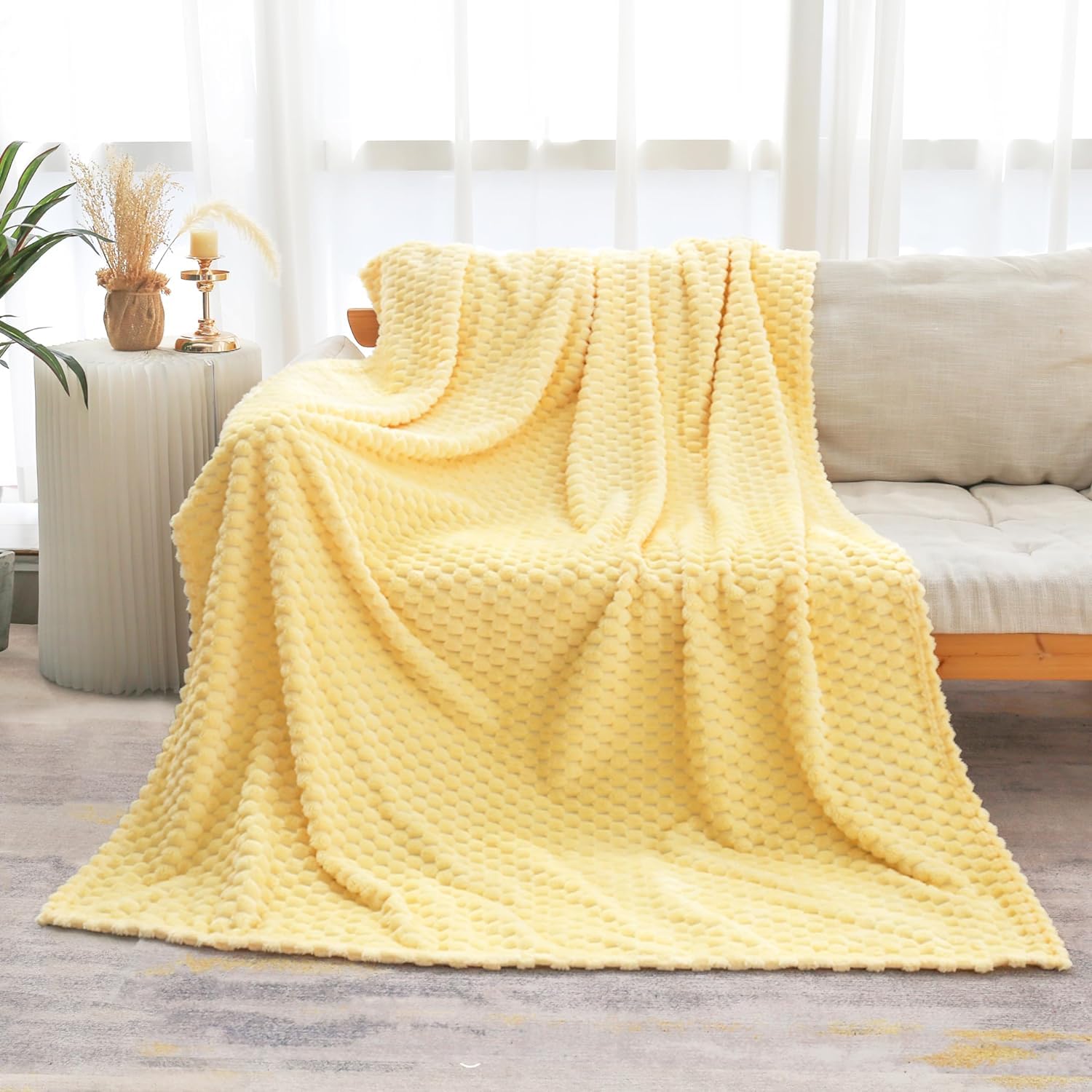 ORCHID M®Waffle Textured Extra Large Fleece Blanket, Super Soft and Warm Throw Blanket for Couch, Sofa and Bed (Yellow)