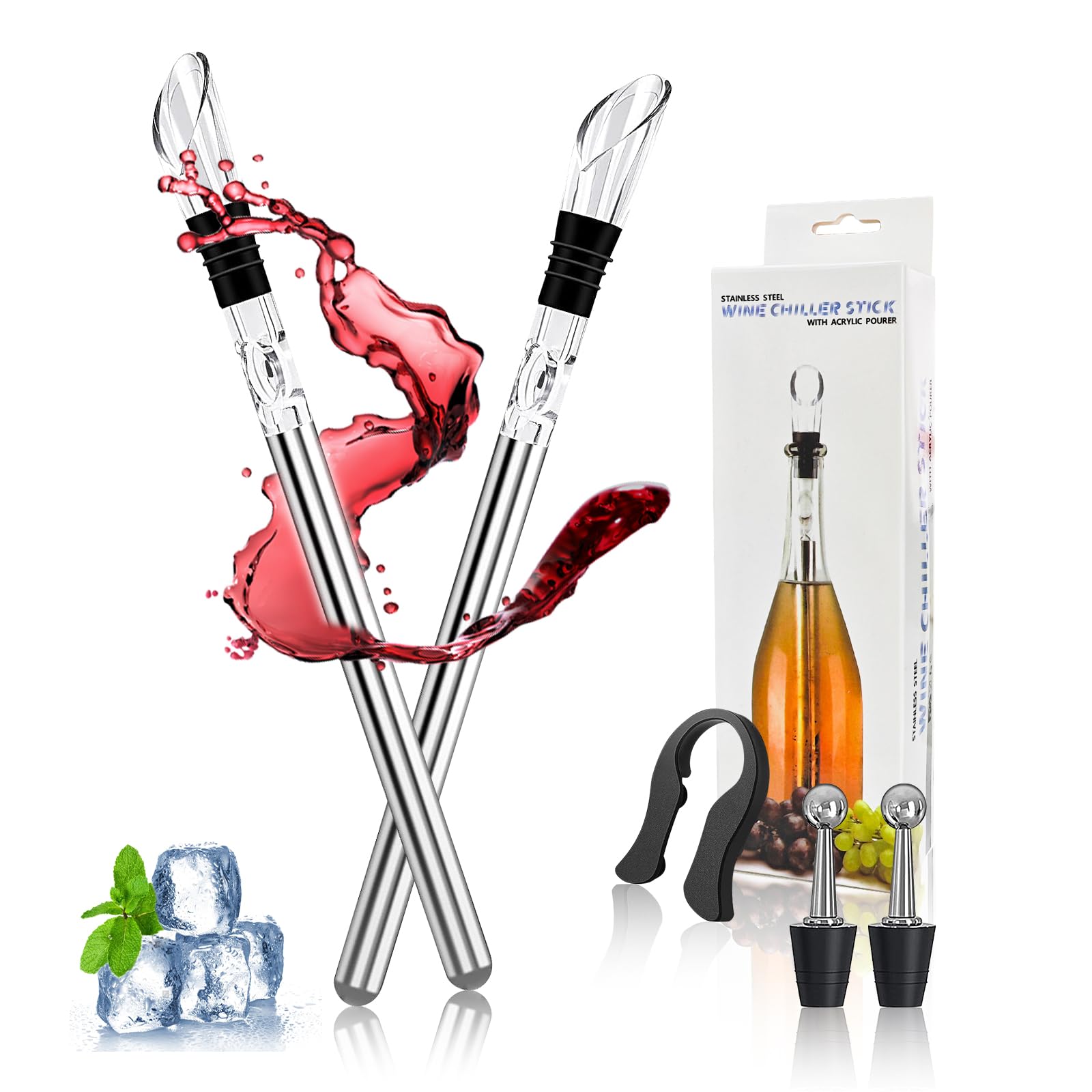 FungLam Professional 5-in-1 Wine Cooling Stick Set with Stainless Steel Cooling Stick, 2 Cooling Rods, 2 Bottle Caps and 1 Foil Cutter - Perfect Red and White Wine Gift Set