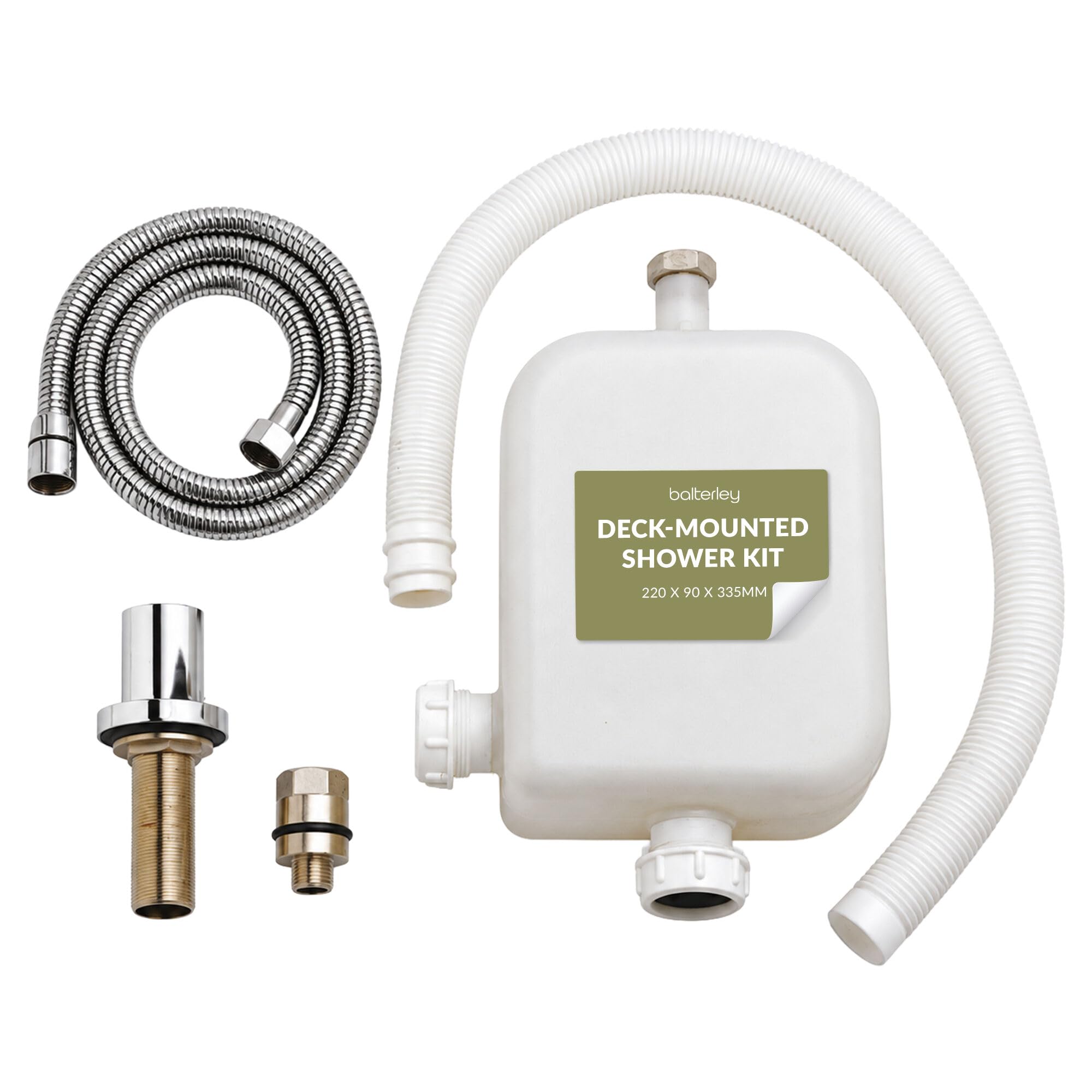 Balterley Bathroom Deck Shower Kit, Water Tank, Chrome Hose, White Flexible Drain Hose, Deck Escutcheon & Connector, Bathroom Deck Mounted Shower Set for Bath Showers - 220 x 90 x 335mm (Chrome/White)