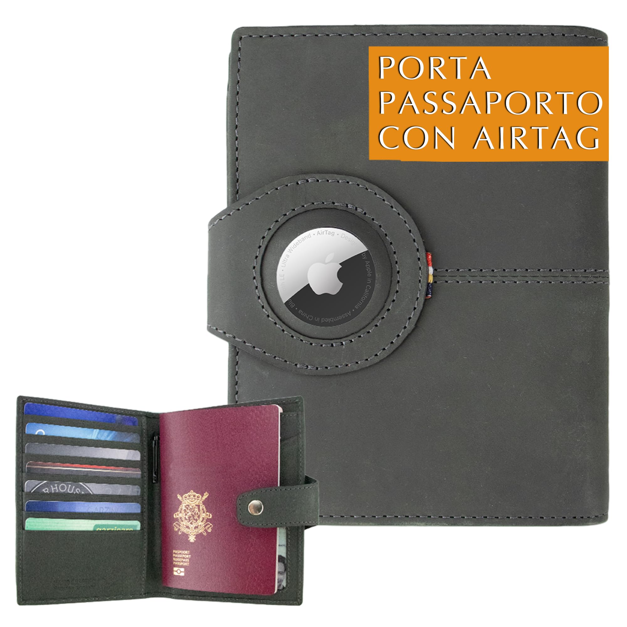 GARZINI Porta Passaporto da Viaggio con AirTag, Custodia Passaporto con blocco RFID, Accessori Viaggio, Portapassassaporto con Finestra ID, Portapassaporto per 7 carte di credito, Carbon Black