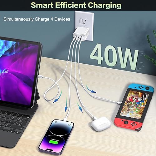 Miniatura 2 de Bloque de cargador USB C, cargador de pared USB C de 40 W, 4 puertos, paquete de 2 bloques de carga rápida, adaptador de corriente PD de doble