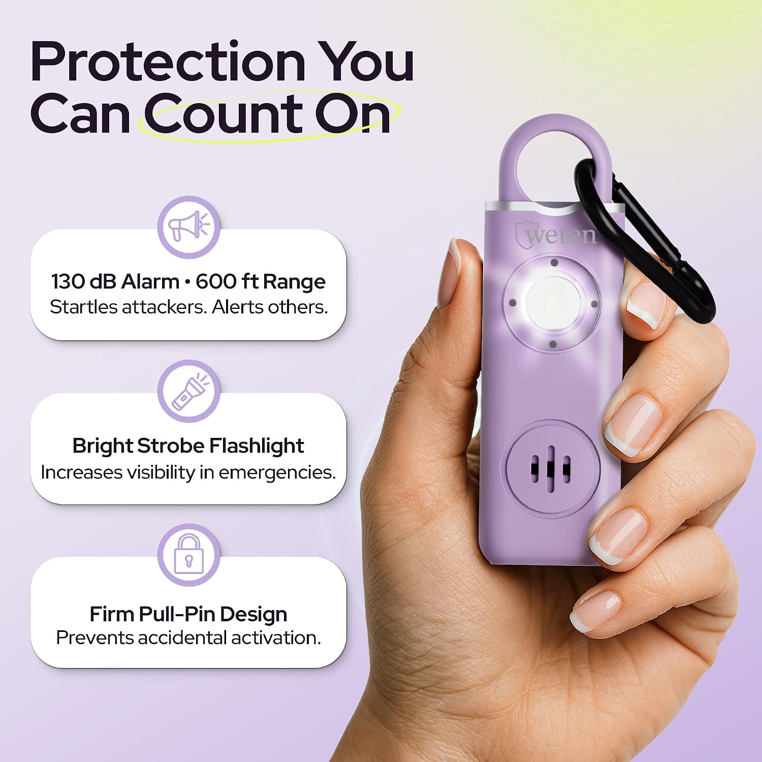 Rechargeable Personal Alarm Keychain for Women, 130dB Siren, Lavender image 2