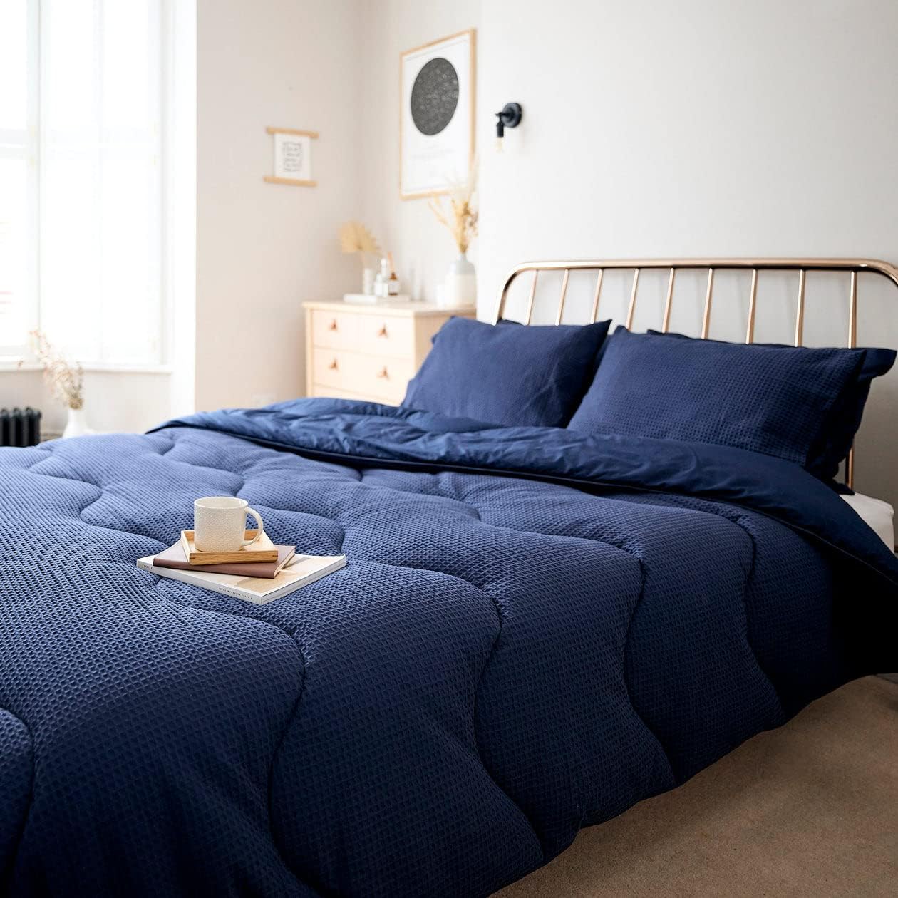 NIGHT LARK - All-in-One Bed Comforter - Down Alternative - All Season - Cotton Waffle Collection - Lightweight & Cotton Comforter - Machine Washable - Hypoallergenic Bedding - Queen Comforter - Navy