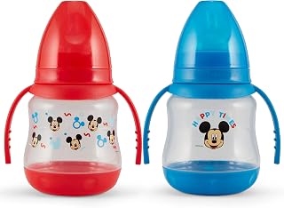 Disney 2 Pack 7 Ounce Baby Bottles with Character Prints and Colored Covers with Double Handle - BPA Free and Easy to Clean