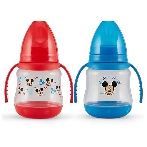 Disney Paquete de 2 biberones de 7 onzas con estampados de personajes y fundas de colores con doble asa, sin BPA y fácil de limpiar