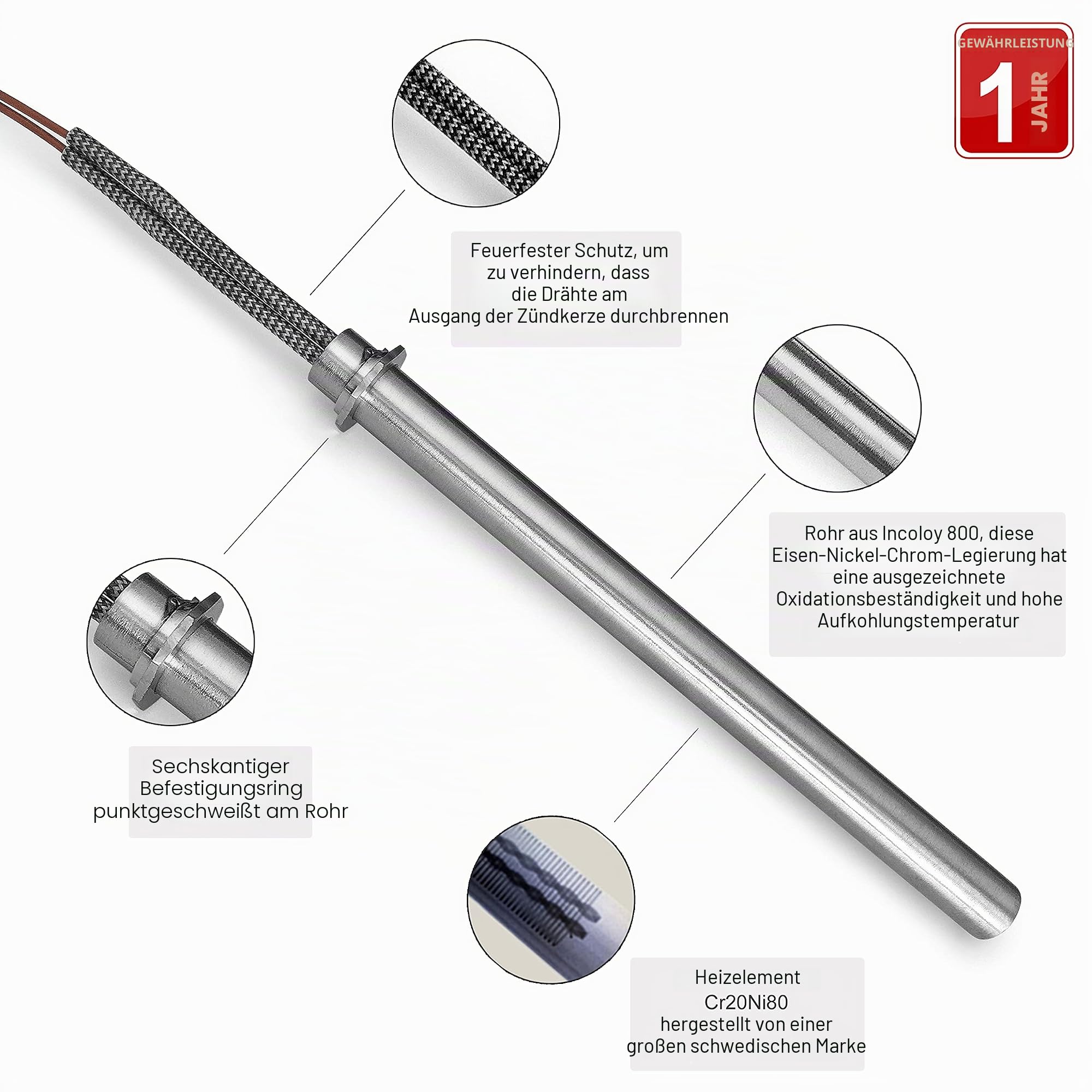 Glühzünder/Zündkerze für Pelletöfen, 350 W, 150/160 mm, Durchmesser 12,5 mm, mit Ring mit Kabelschuhen - 1 Jahr Garantie