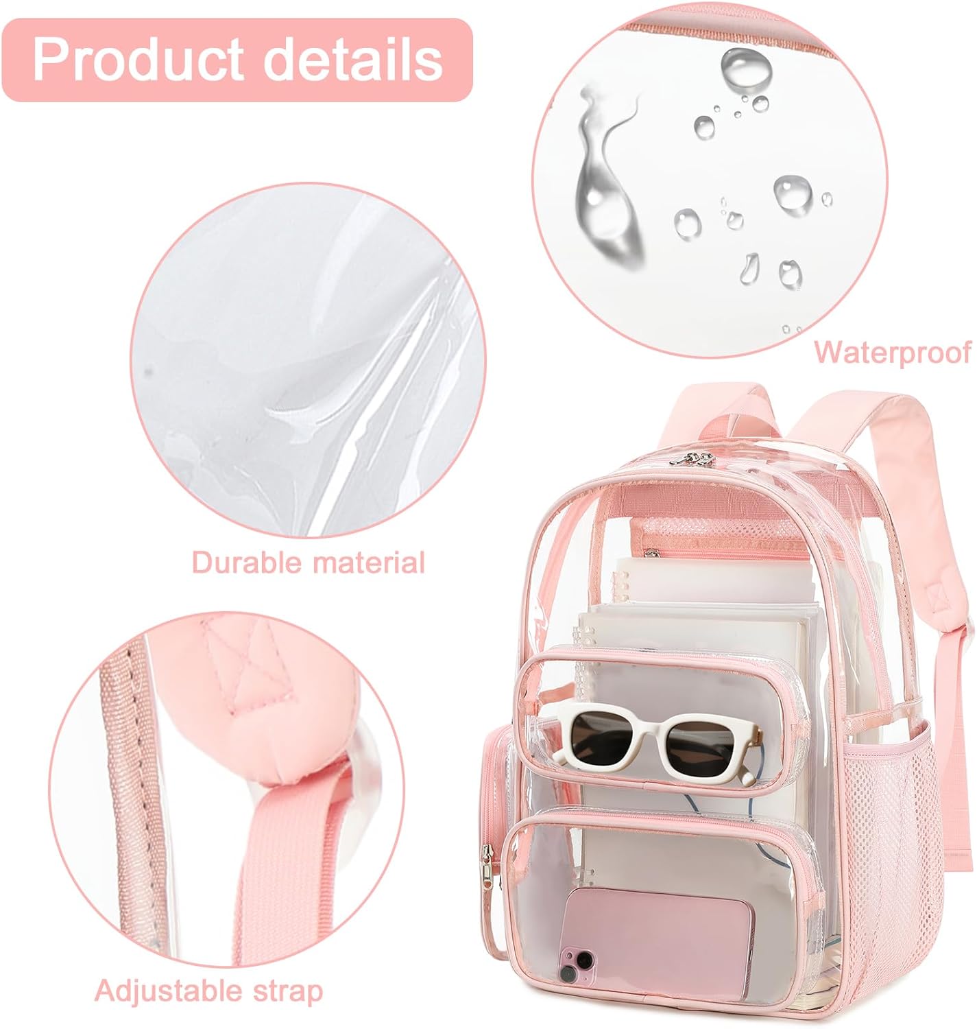 BTOOP Clear Backpack Heavy Duty Transparent Backpack 17" See Through Bookbag for College Work Festival Security Padded Strap (Pink)