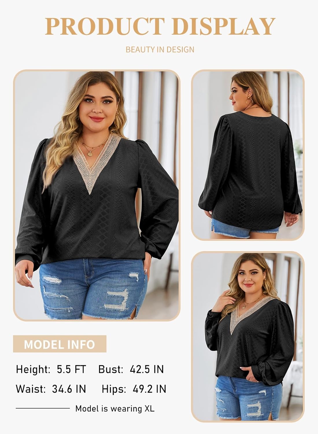 Eytino Womens Plus Size Tops Lantern Long Sleeve Lace V Neck Dressy Casual Blouse Loose Tunic Shirts(1X-5X) - Image 3