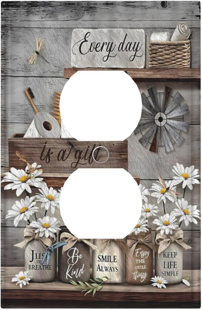 Rustic Farmhouse Country Daisy Floral Outlet Covers Light Switch Covers Decorative Vintage Floral Wall Plate Electrical Faceplate for Bedroom Bathroom Home Plastic