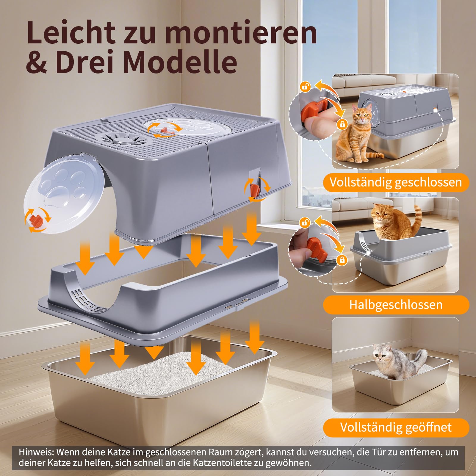 Katzenklo Edelstahl XXL mit Deckel, Katzentoilette Edelstahl 37L Große, Katzentoilette Groß mit Pedals und Schaufel, Katzenklo Spritzsicher & Leicht zu Reinigen, 60x40x39 cm (grau)