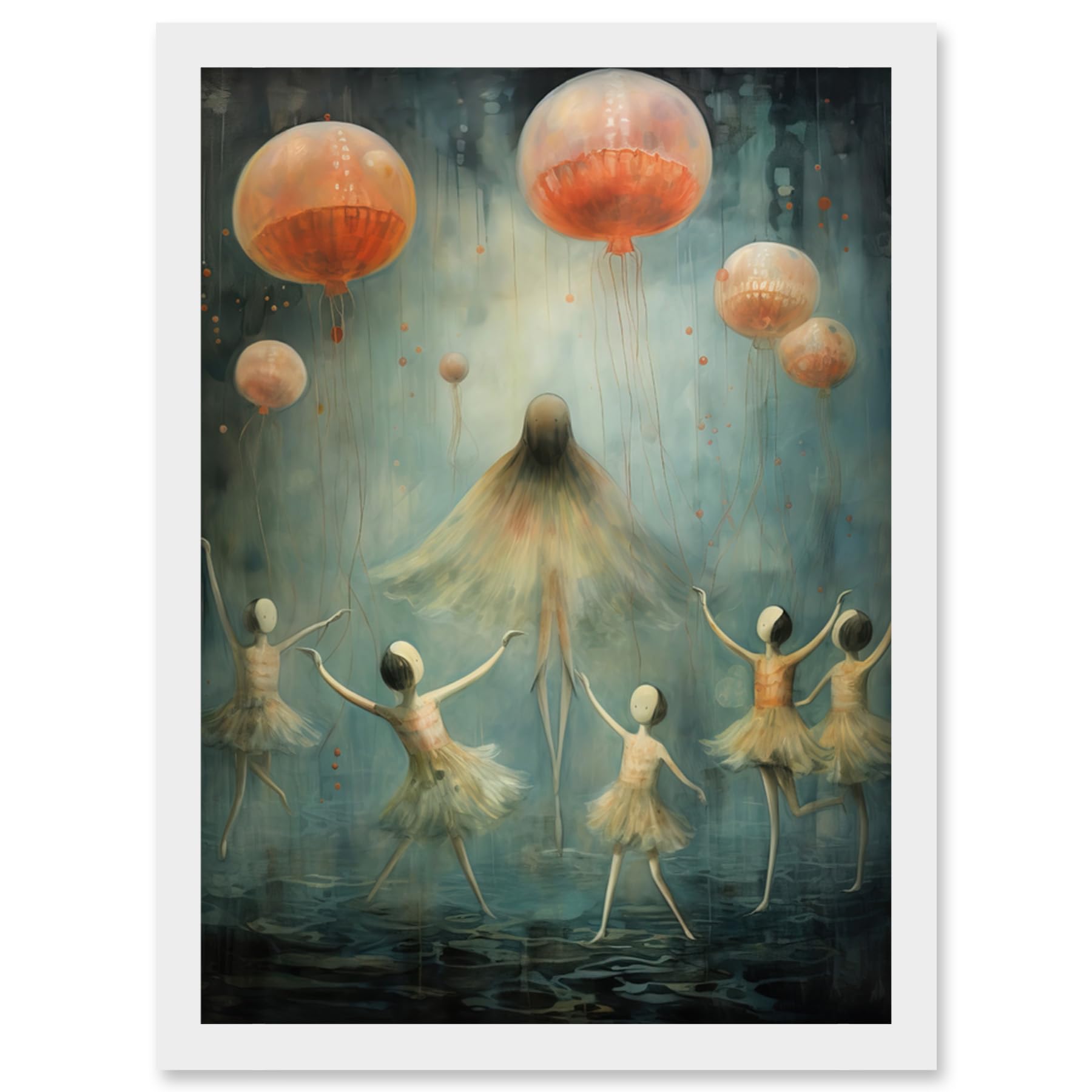 The Jellyfish Ballet Whimsical Surreal Underwater Dance Framed Wall Art Print A4